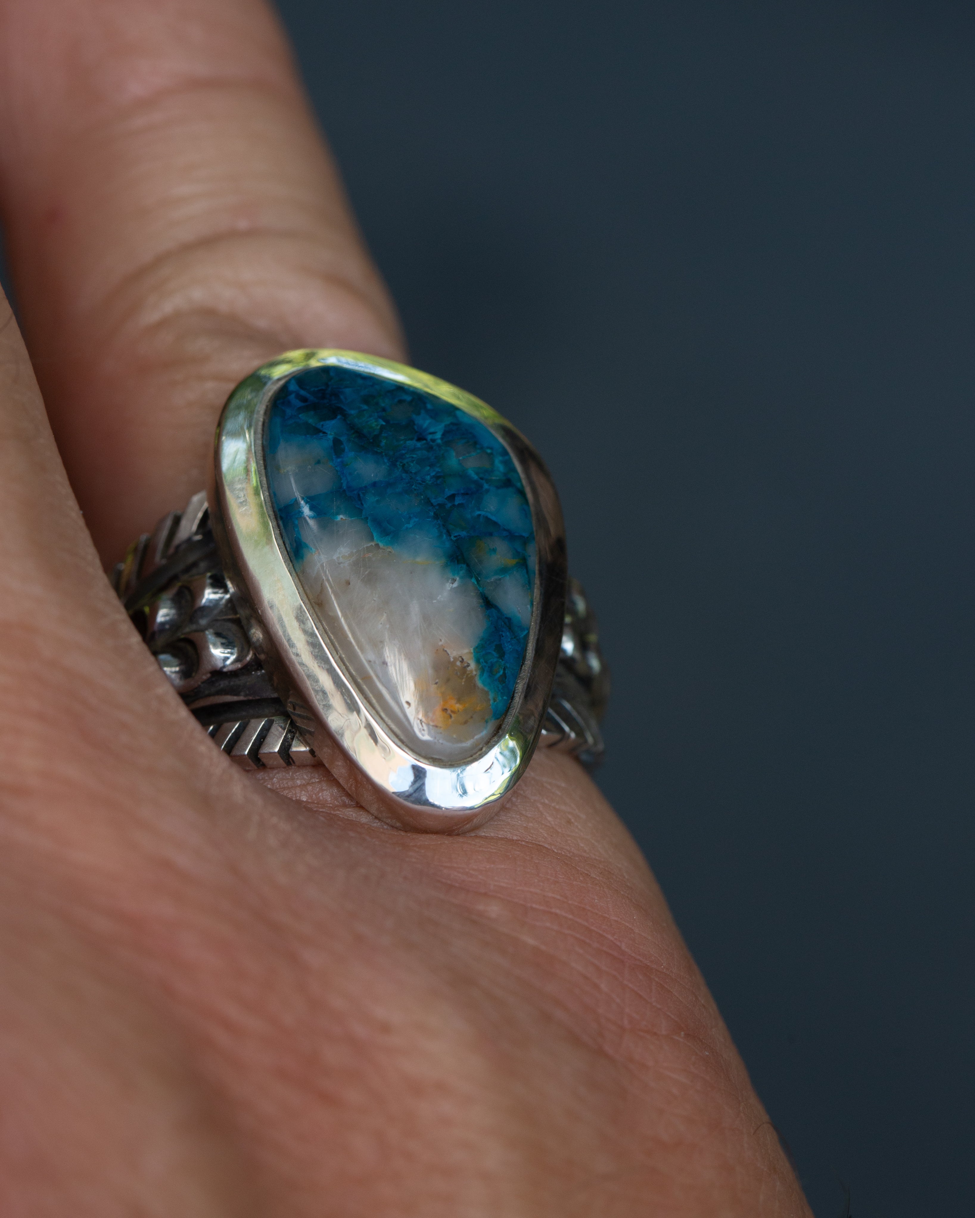 Size 10.5 High Grade Namibian Shattuckite Statement Ring Heavy Smooth Bezel Highly Detailed