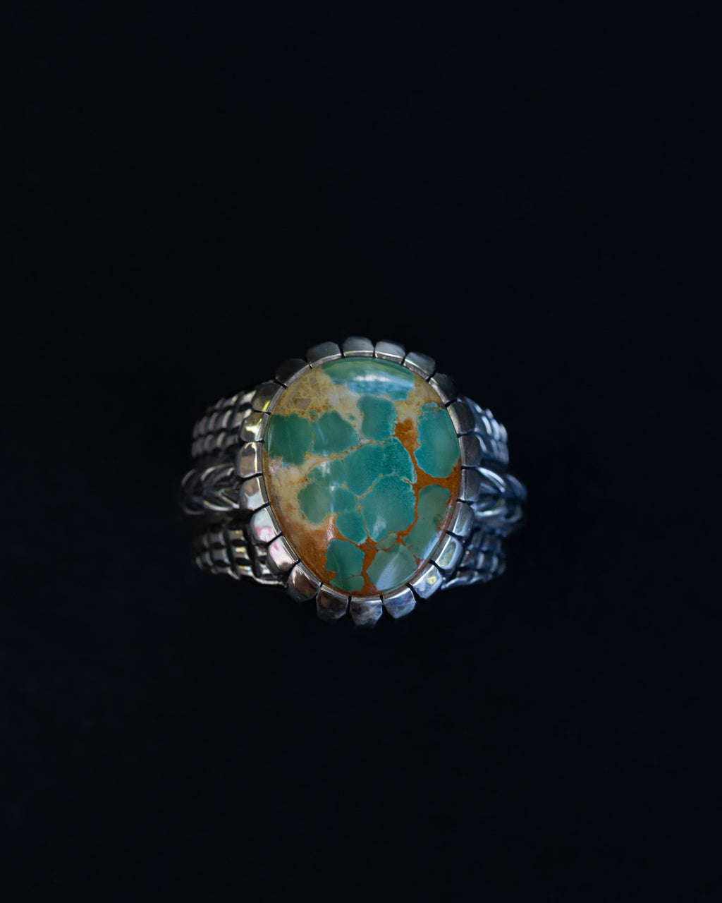 Size 12 High Grade Aqua Green Webbed Royston Turquoise Statement Ring With Castellated Bezel