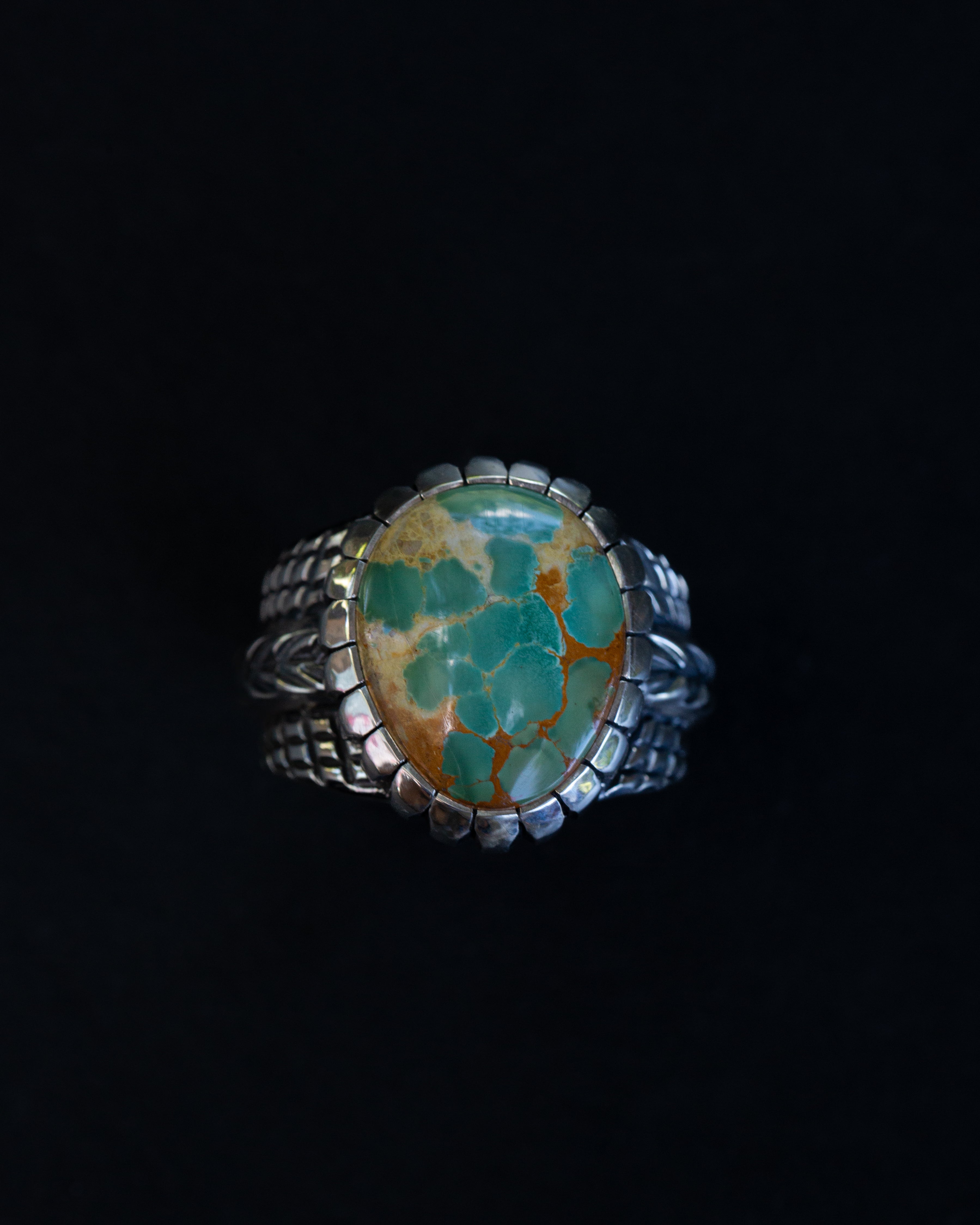 Size 12 High Grade Aqua Green Webbed Royston Turquoise Statement Ring With Castellated Bezel