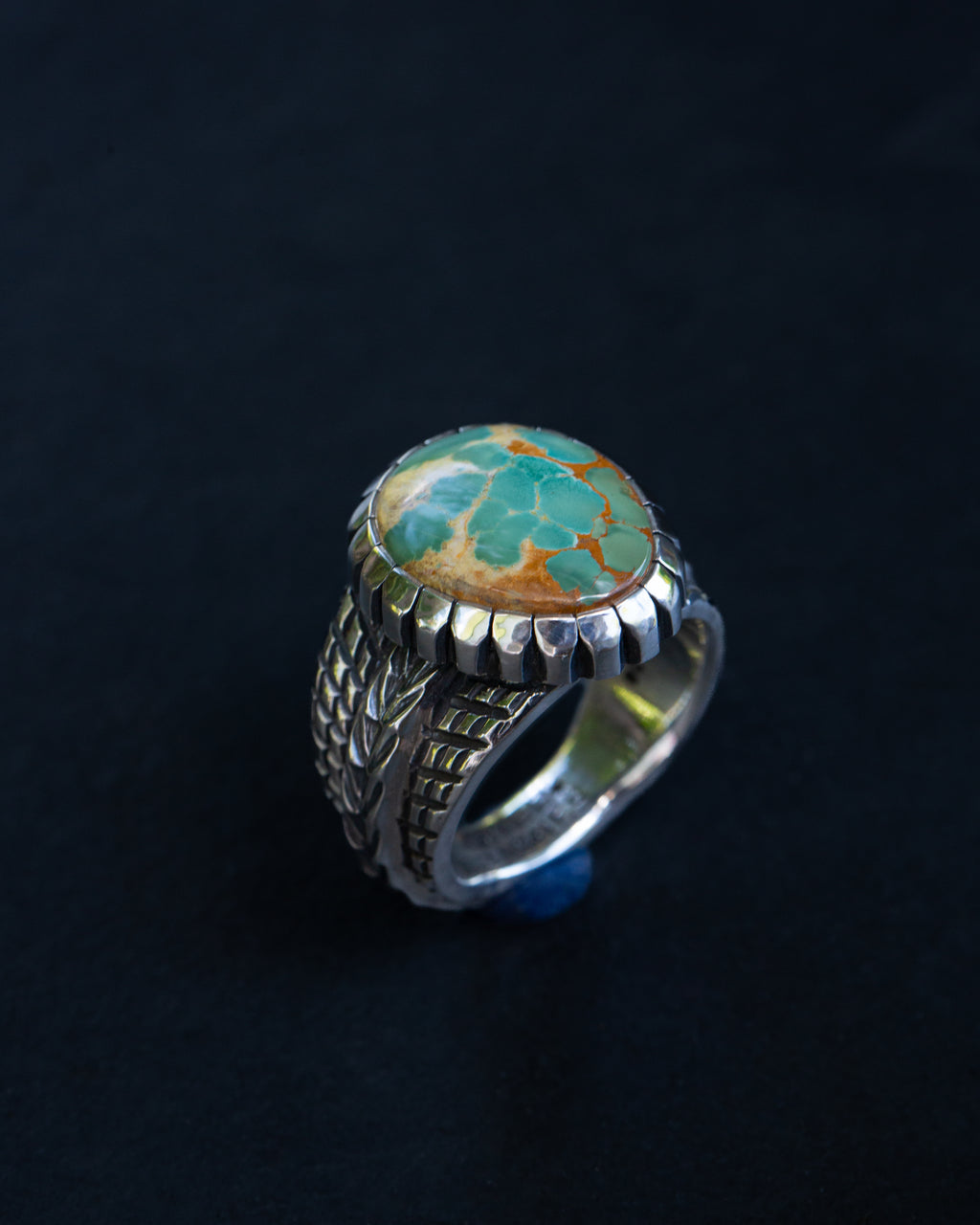 Size 12 High Grade Aqua Green Webbed Royston Turquoise Statement Ring With Castellated Bezel