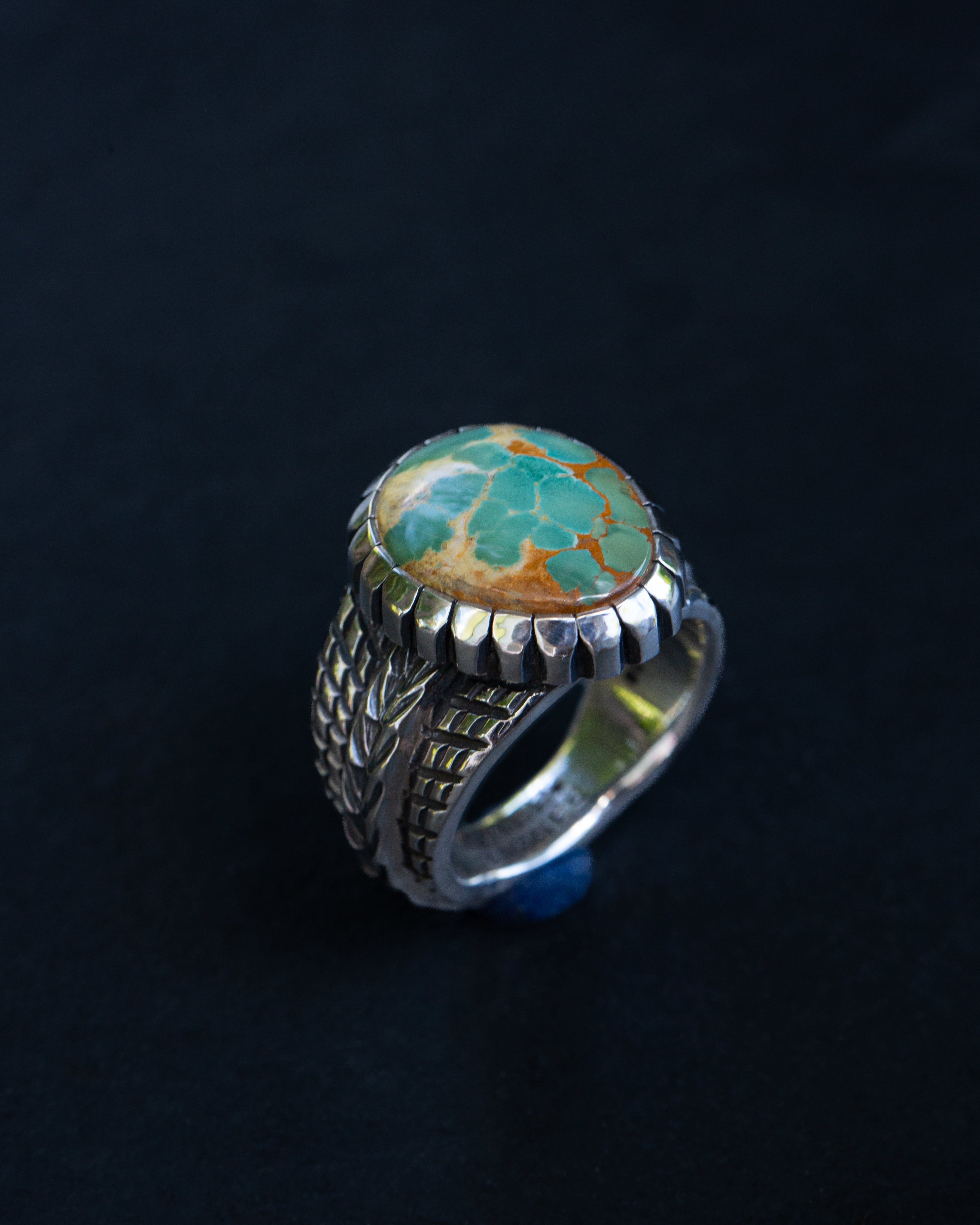 Size 12 High Grade Aqua Green Webbed Royston Turquoise Statement Ring With Castellated Bezel