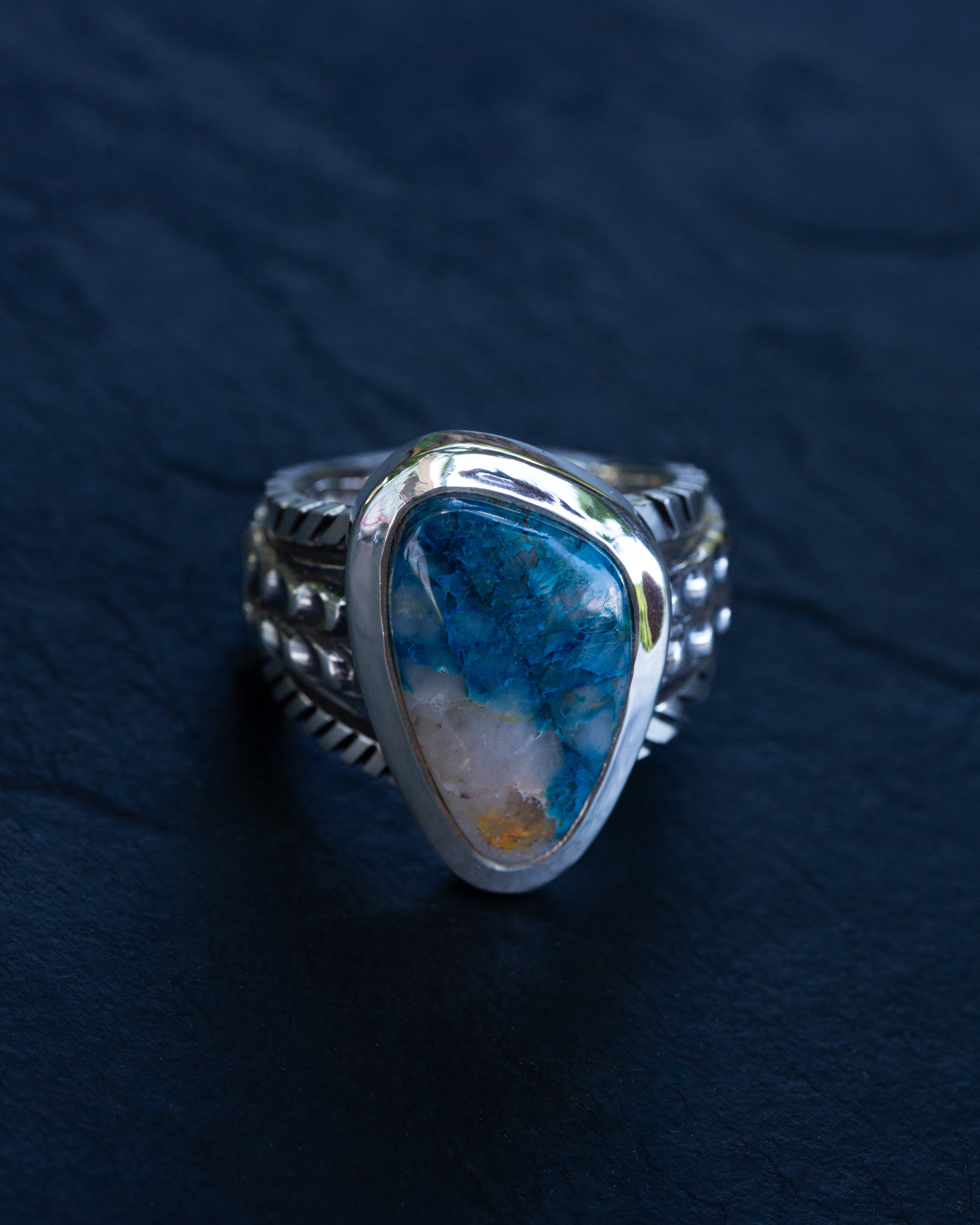 Size 10.5 High Grade Namibian Shattuckite Statement Ring Heavy Smooth Bezel Highly Detailed