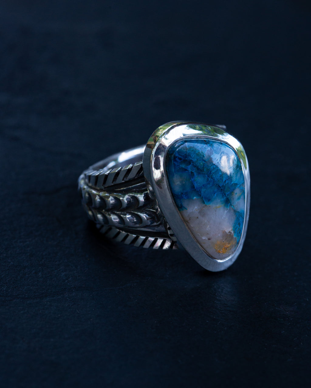 Size 10.5 High Grade Namibian Shattuckite Statement Ring Heavy Smooth Bezel Highly Detailed