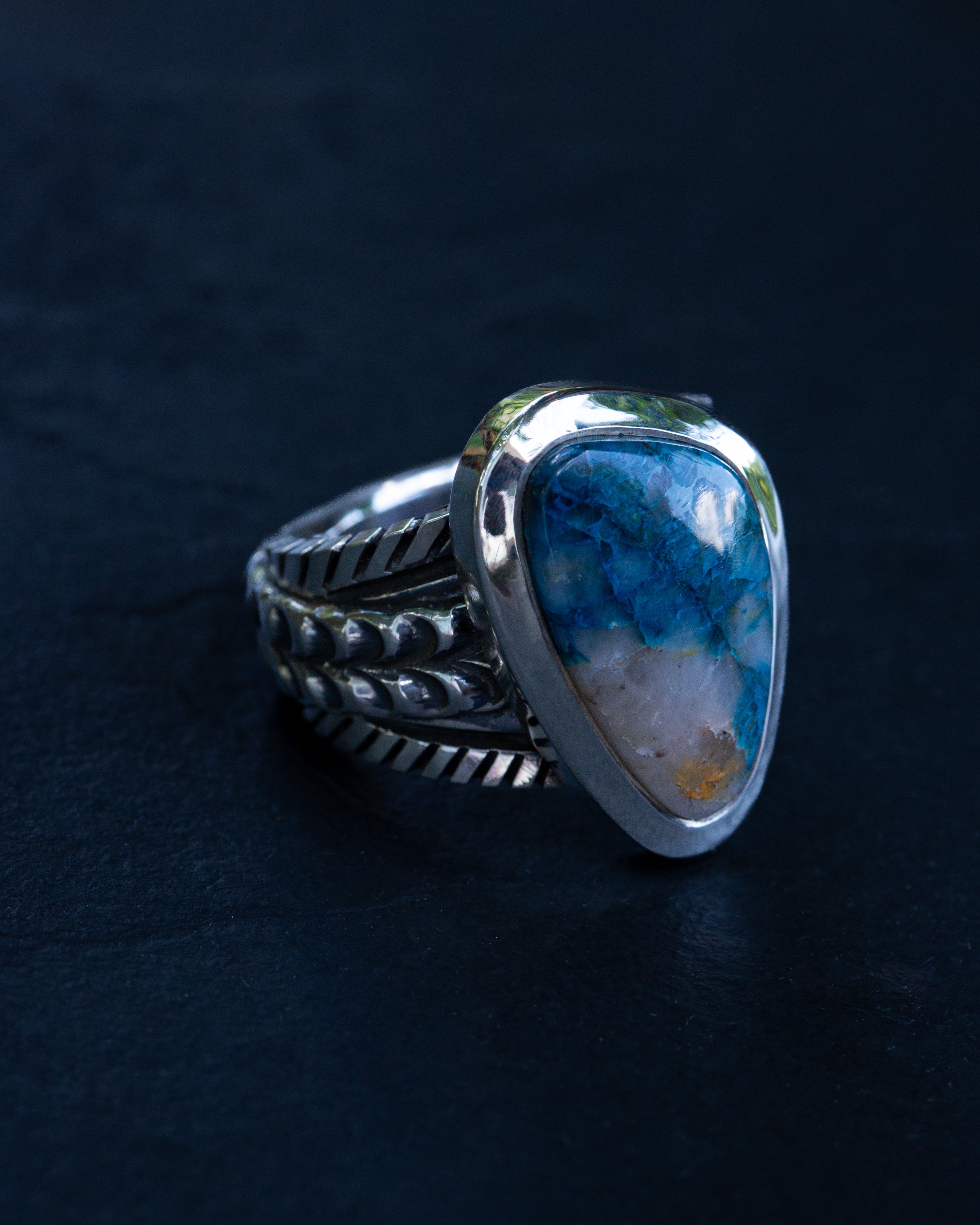 Size 10.5 High Grade Namibian Shattuckite Statement Ring Heavy Smooth Bezel Highly Detailed