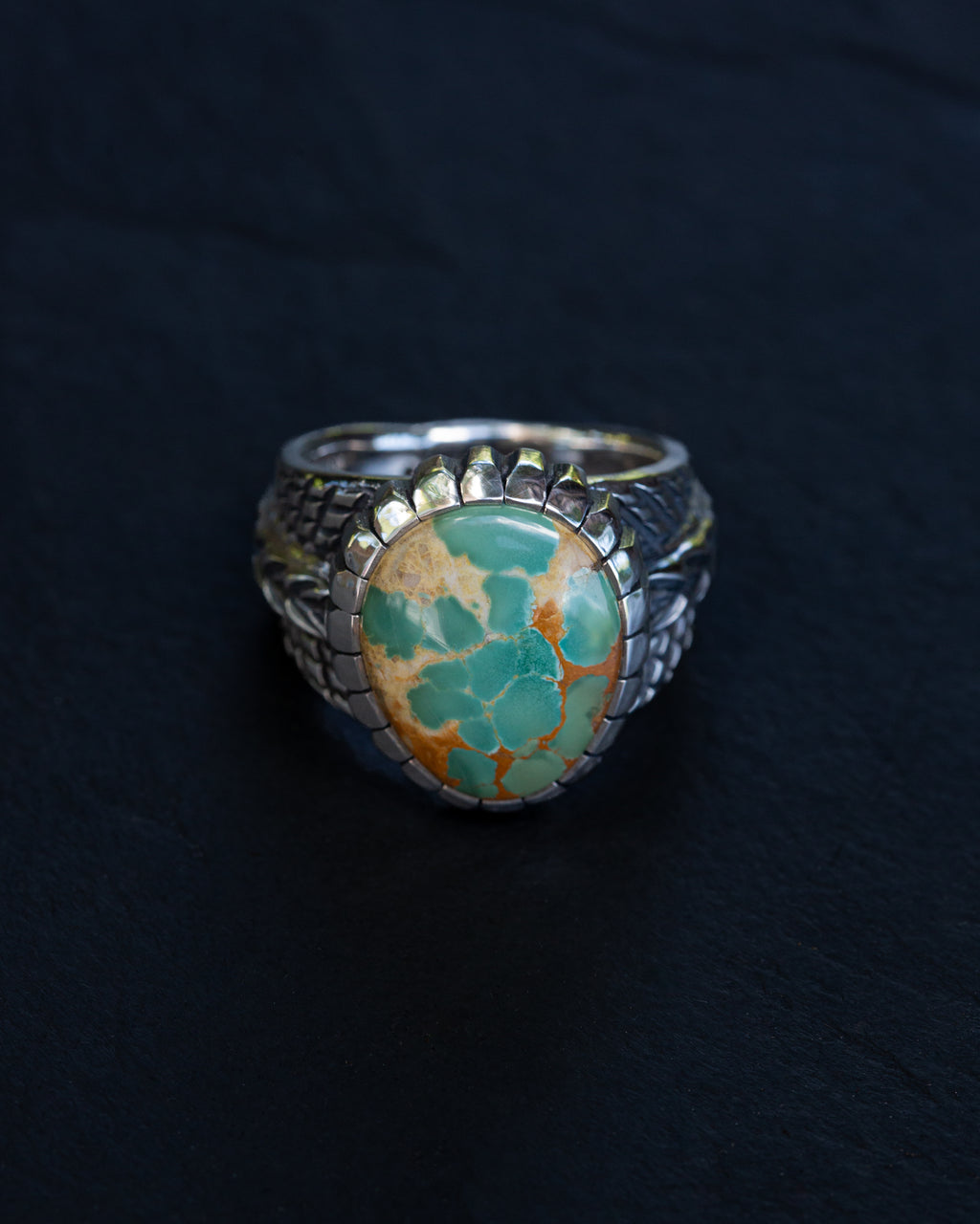 Size 12 High Grade Aqua Green Webbed Royston Turquoise Statement Ring With Castellated Bezel