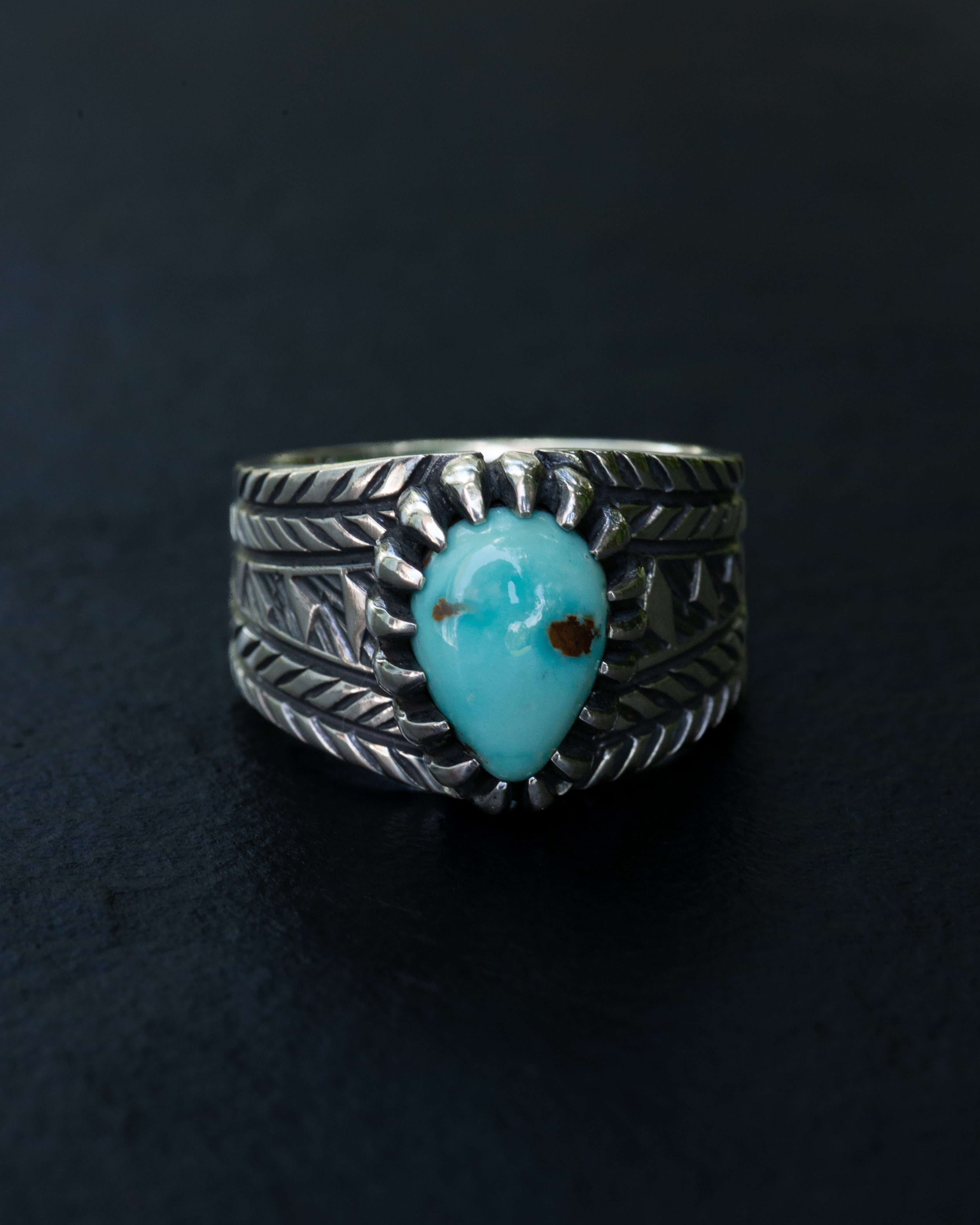 Size 11 Dry Creek Turquoise Chased Stamped and Chiseled Statement Ring With Claw Castellated Bezel