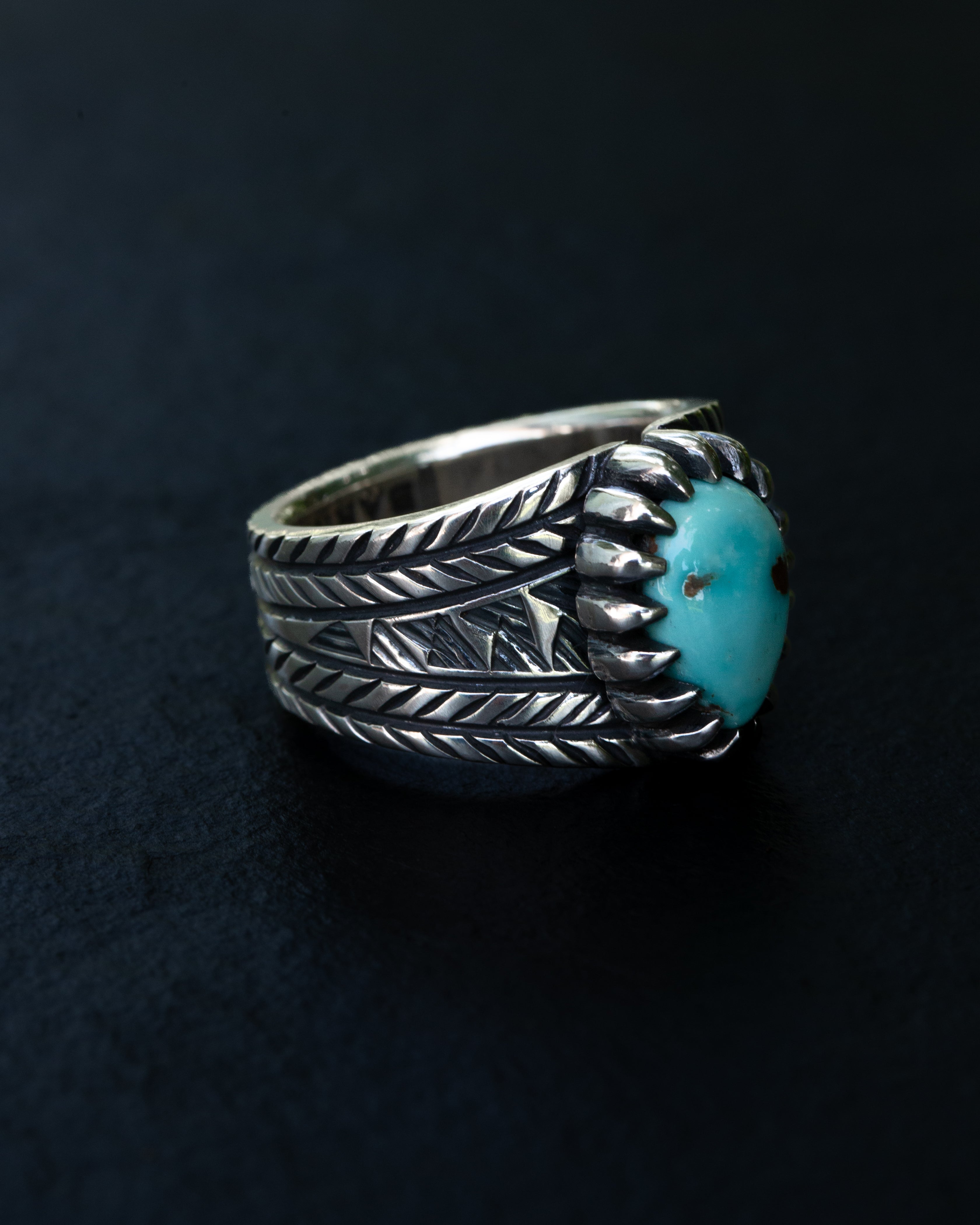Size 11 Dry Creek Turquoise Chased Stamped and Chiseled Statement Ring With Claw Castellated Bezel