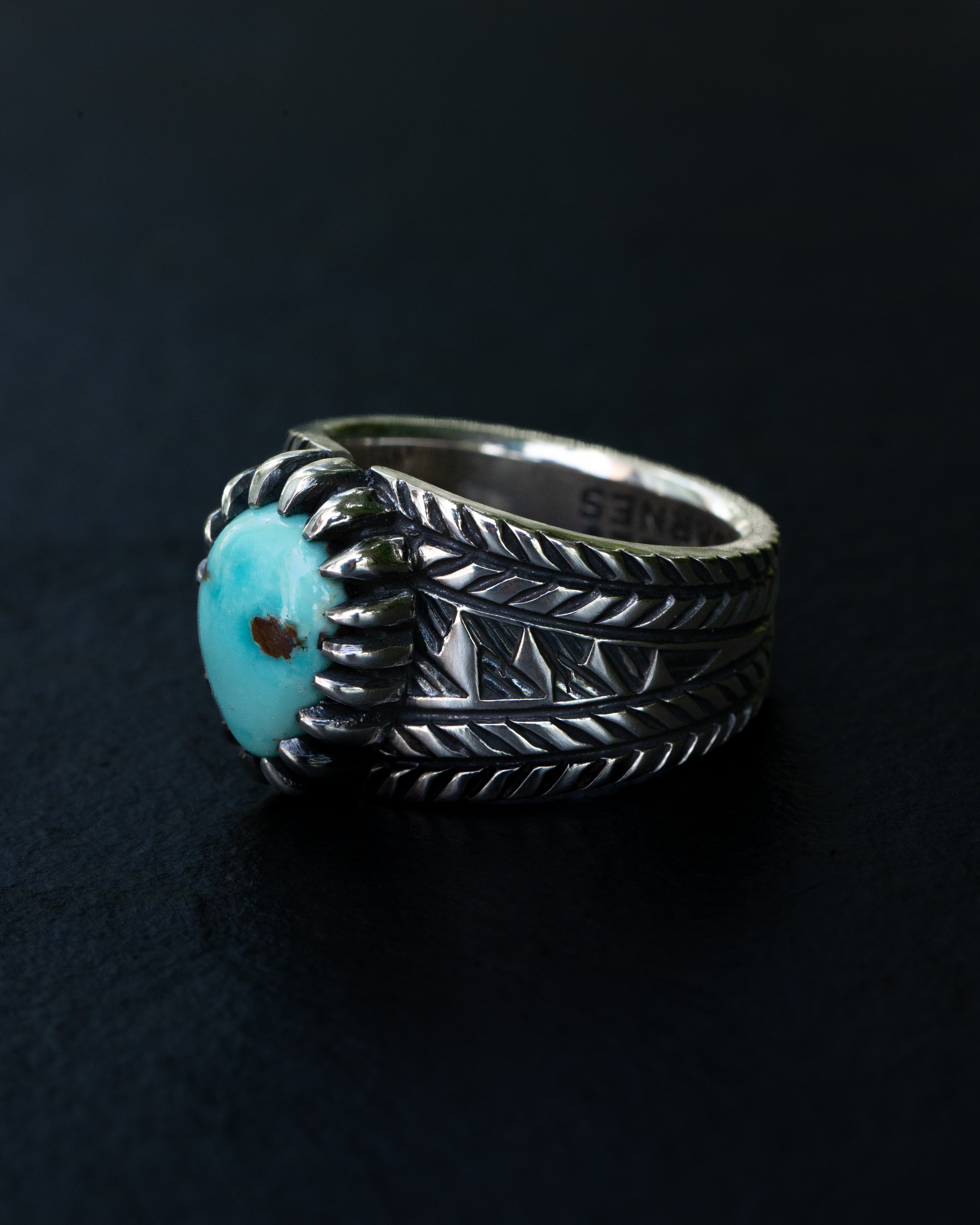Size 11 Dry Creek Turquoise Chased Stamped and Chiseled Statement Ring With Claw Castellated Bezel