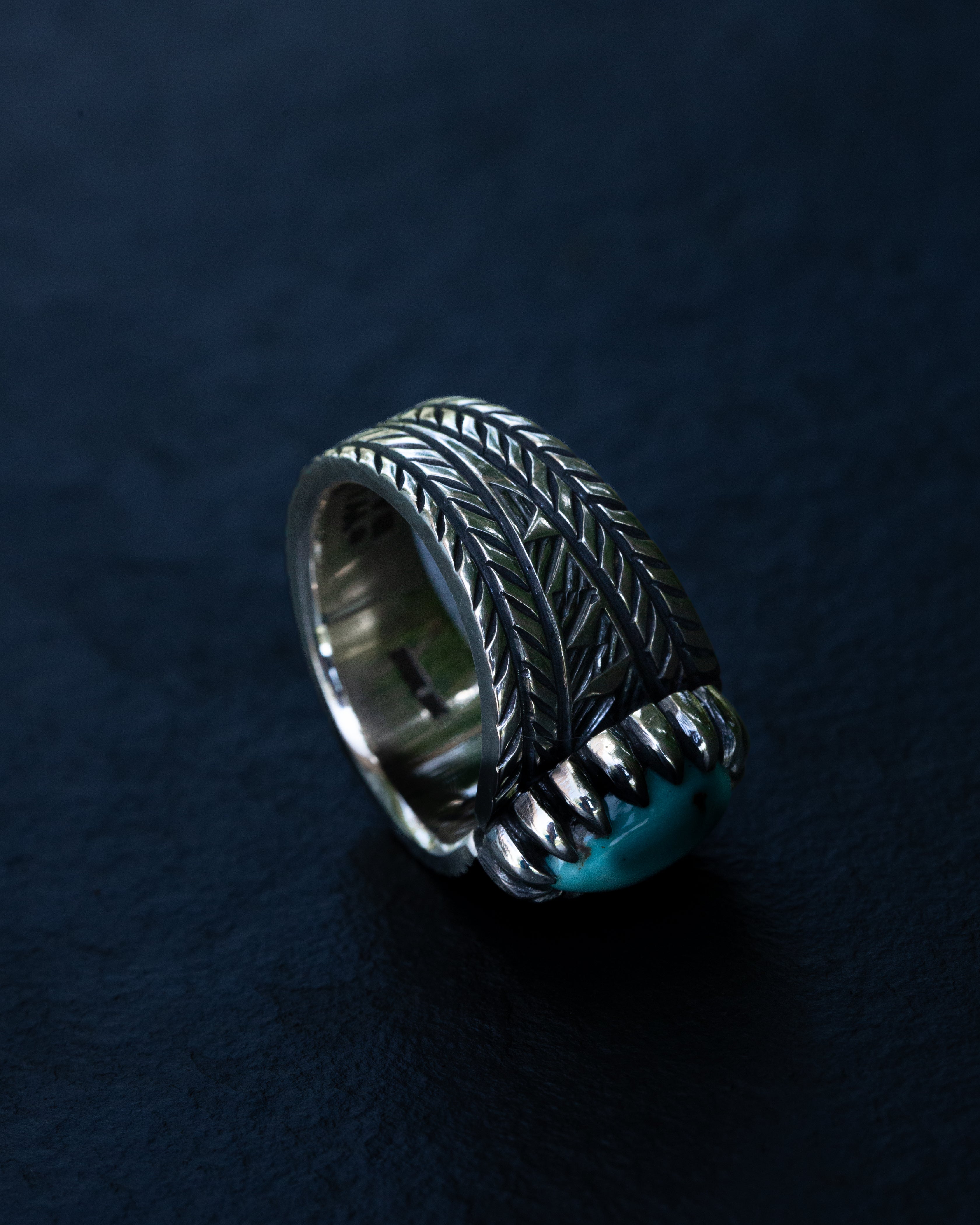 Size 11 Dry Creek Turquoise Chased Stamped and Chiseled Statement Ring With Claw Castellated Bezel