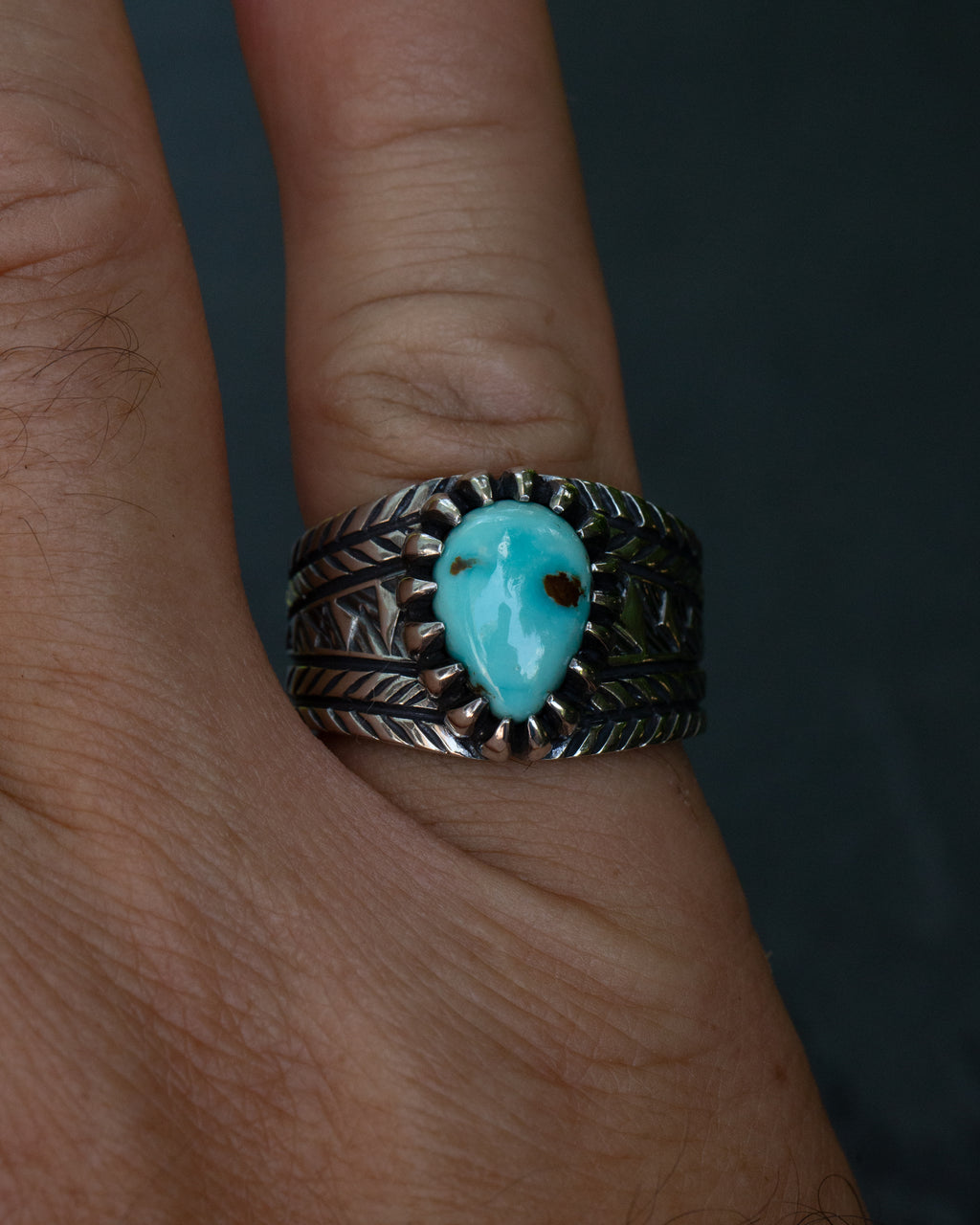 Size 11 Dry Creek Turquoise Chased Stamped and Chiseled Statement Ring With Claw Castellated Bezel