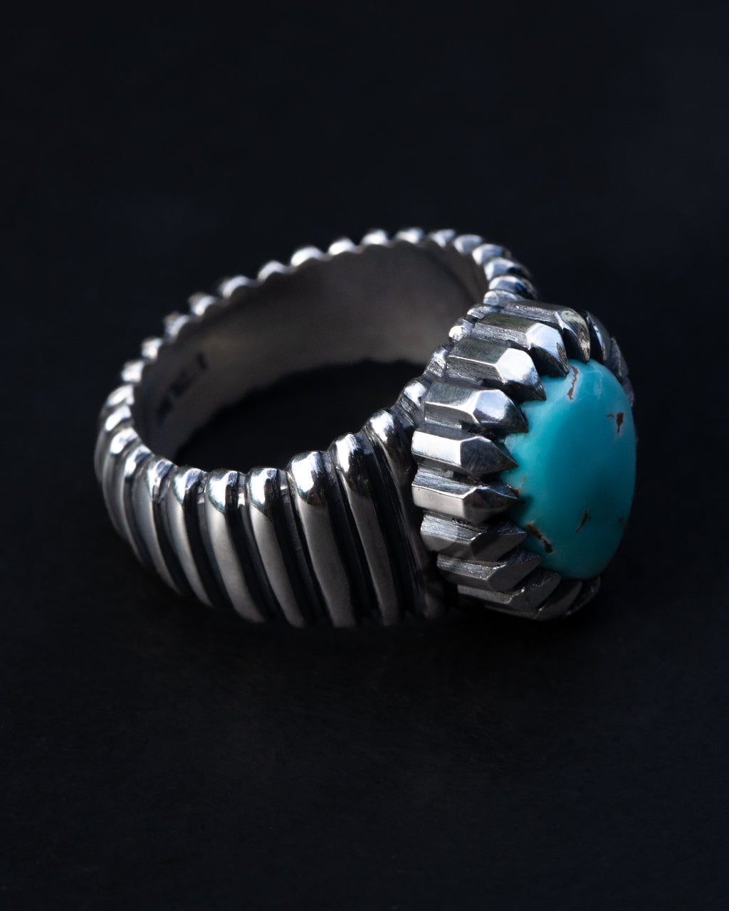 Size 7 3/4 Dry Creek Turquoise Hand Sculpted Cocktail Ring w/ Picketed Chisel Style Castellated Bezel