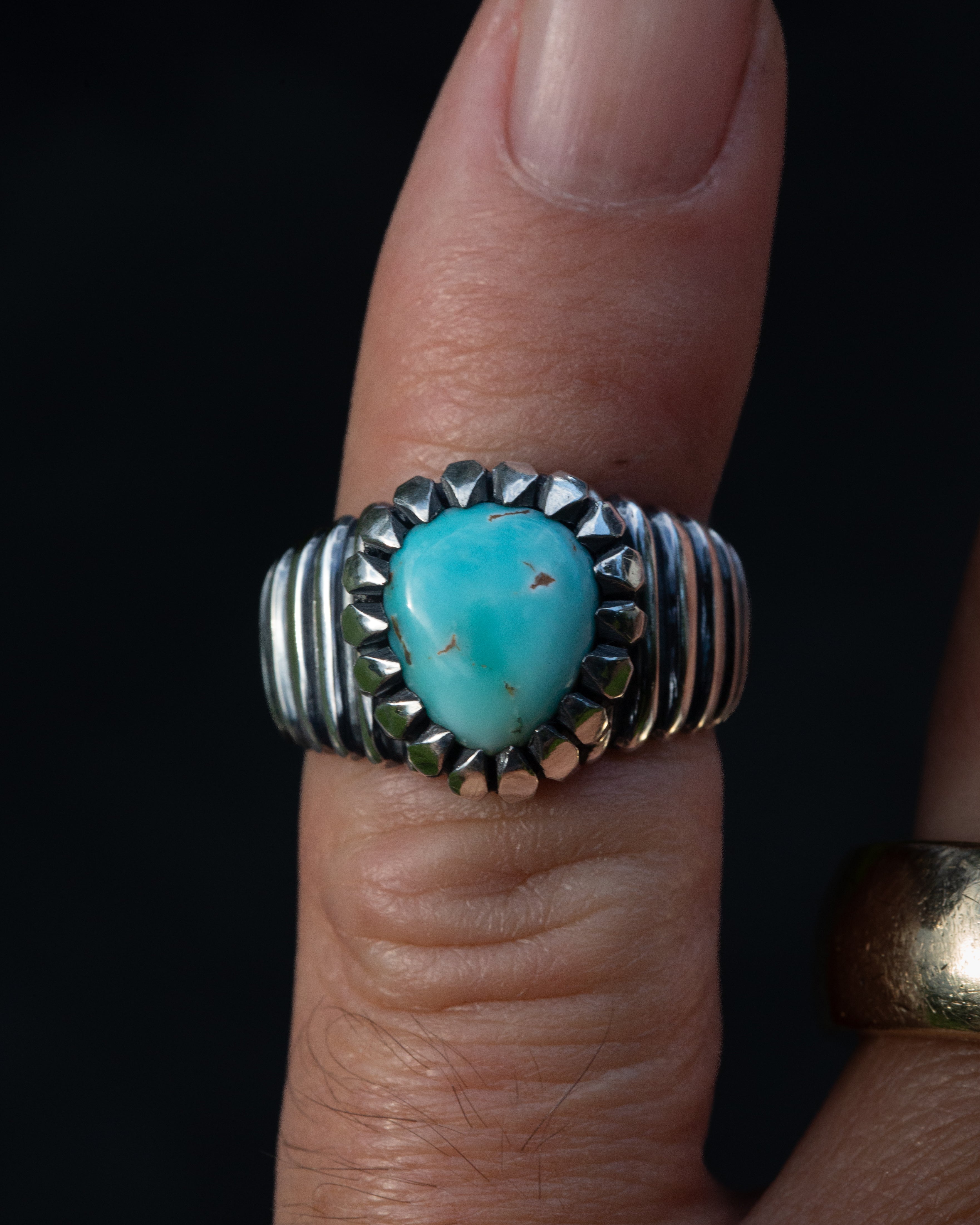 Size 7 3/4 Dry Creek Turquoise Hand Sculpted Cocktail Ring w/ Picketed Chisel Style Castellated Bezel