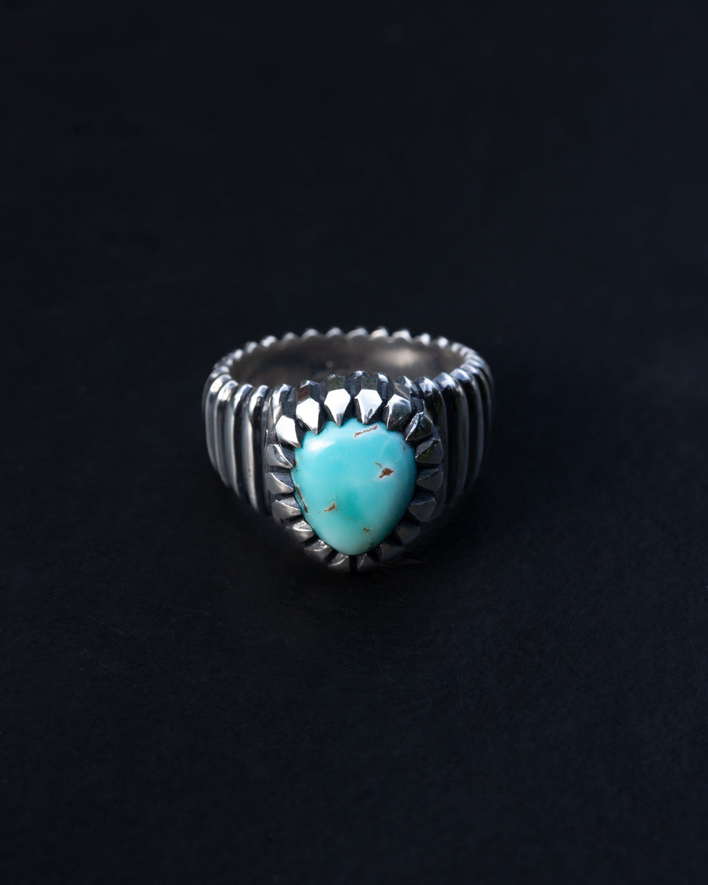 Size 7 3/4 Dry Creek Turquoise Hand Sculpted Cocktail Ring w/ Picketed Chisel Style Castellated Bezel
