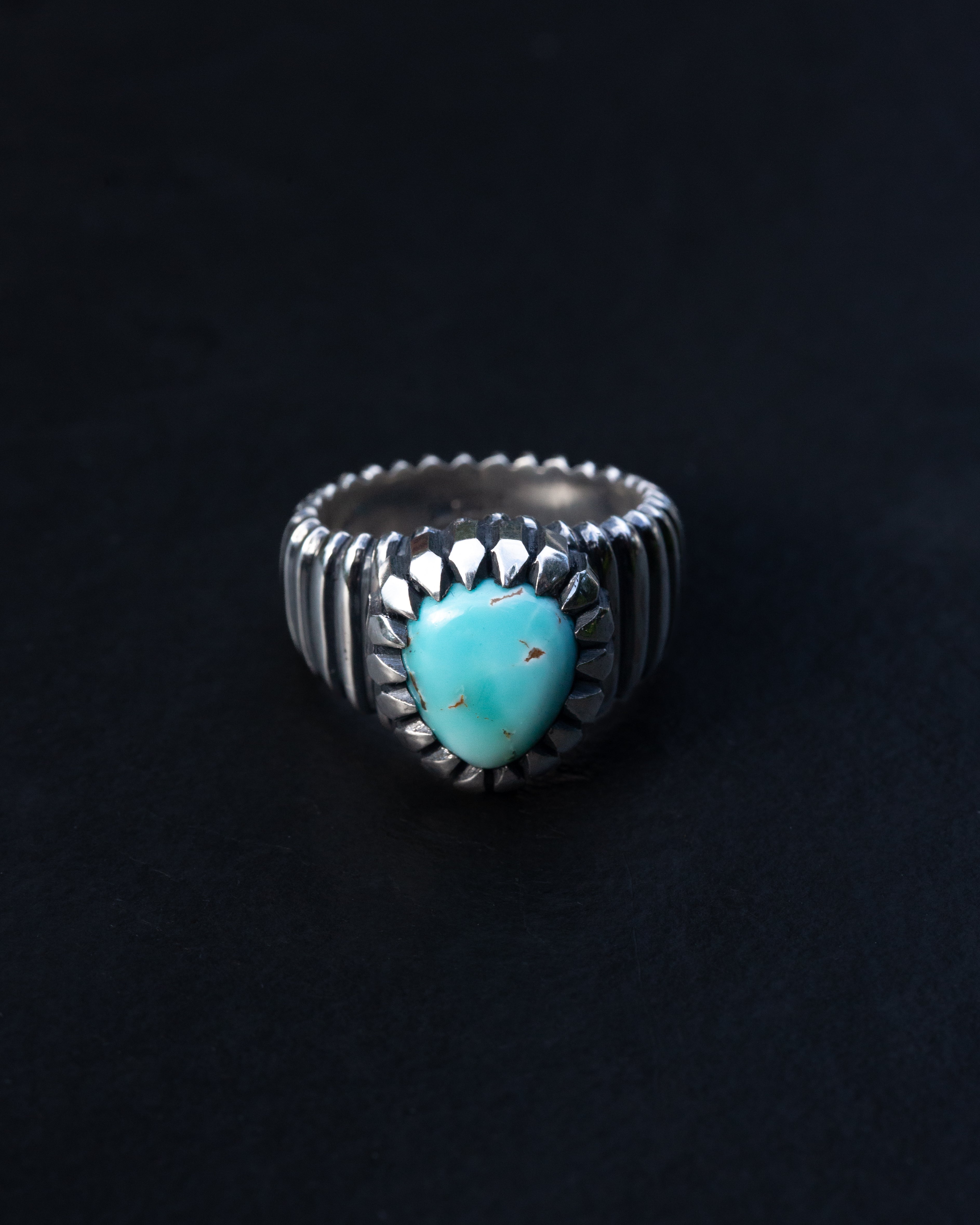 Size 7 3/4 Dry Creek Turquoise Hand Sculpted Cocktail Ring w/ Picketed Chisel Style Castellated Bezel