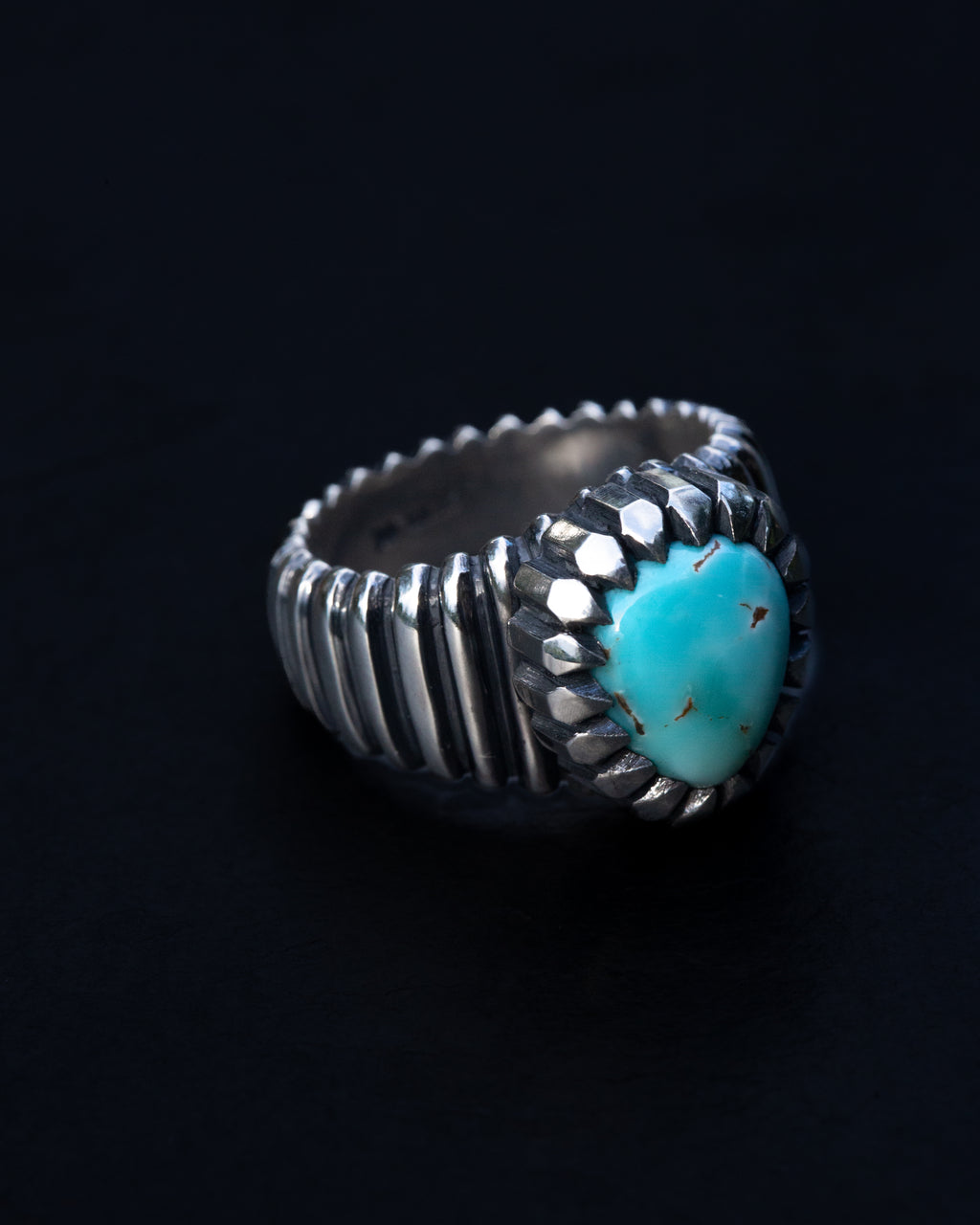 Size 7 3/4 Dry Creek Turquoise Hand Sculpted Cocktail Ring w/ Picketed Chisel Style Castellated Bezel