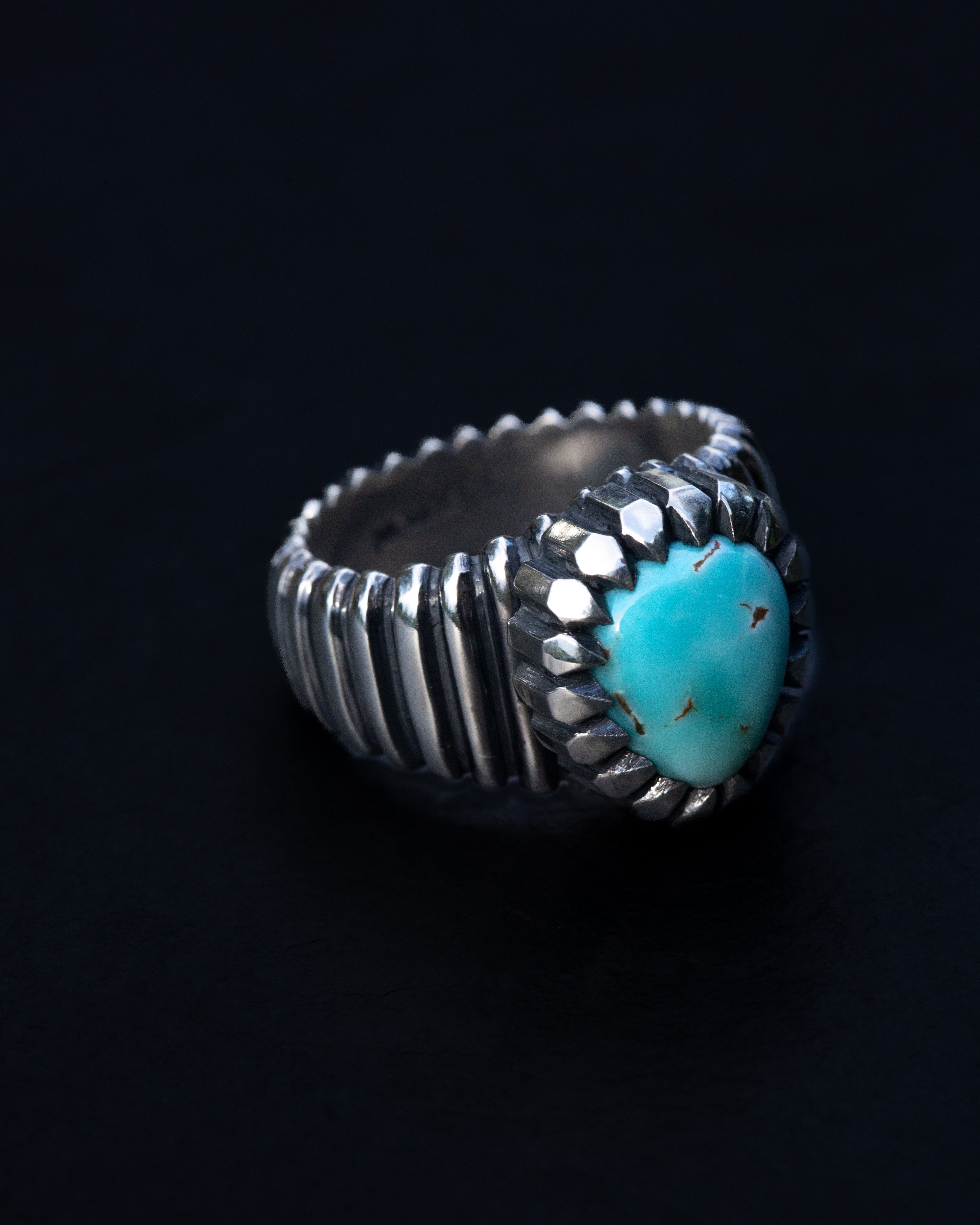 Size 7 3/4 Dry Creek Turquoise Hand Sculpted Cocktail Ring w/ Picketed Chisel Style Castellated Bezel