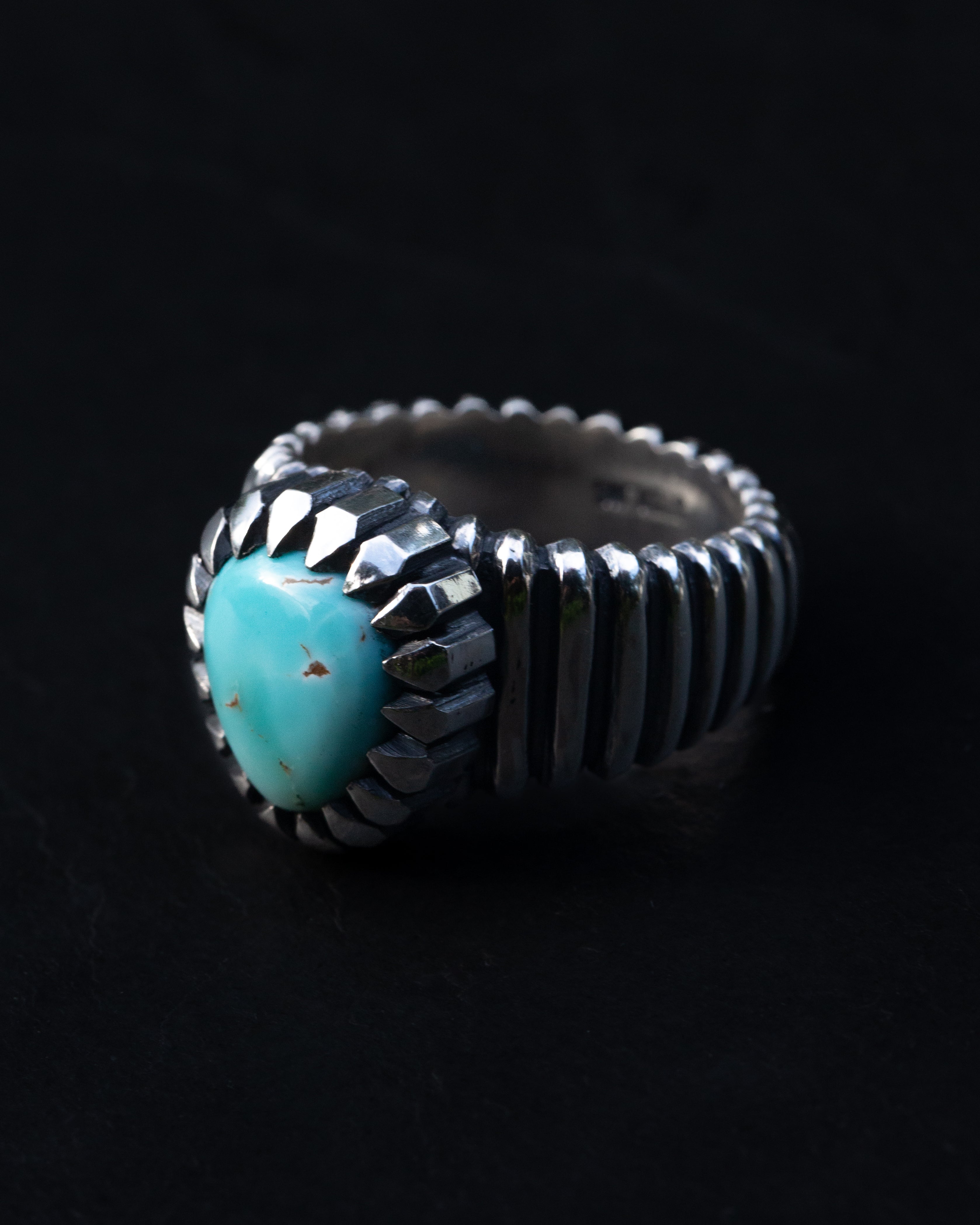 Size 7 3/4 Dry Creek Turquoise Hand Sculpted Cocktail Ring w/ Picketed Chisel Style Castellated Bezel