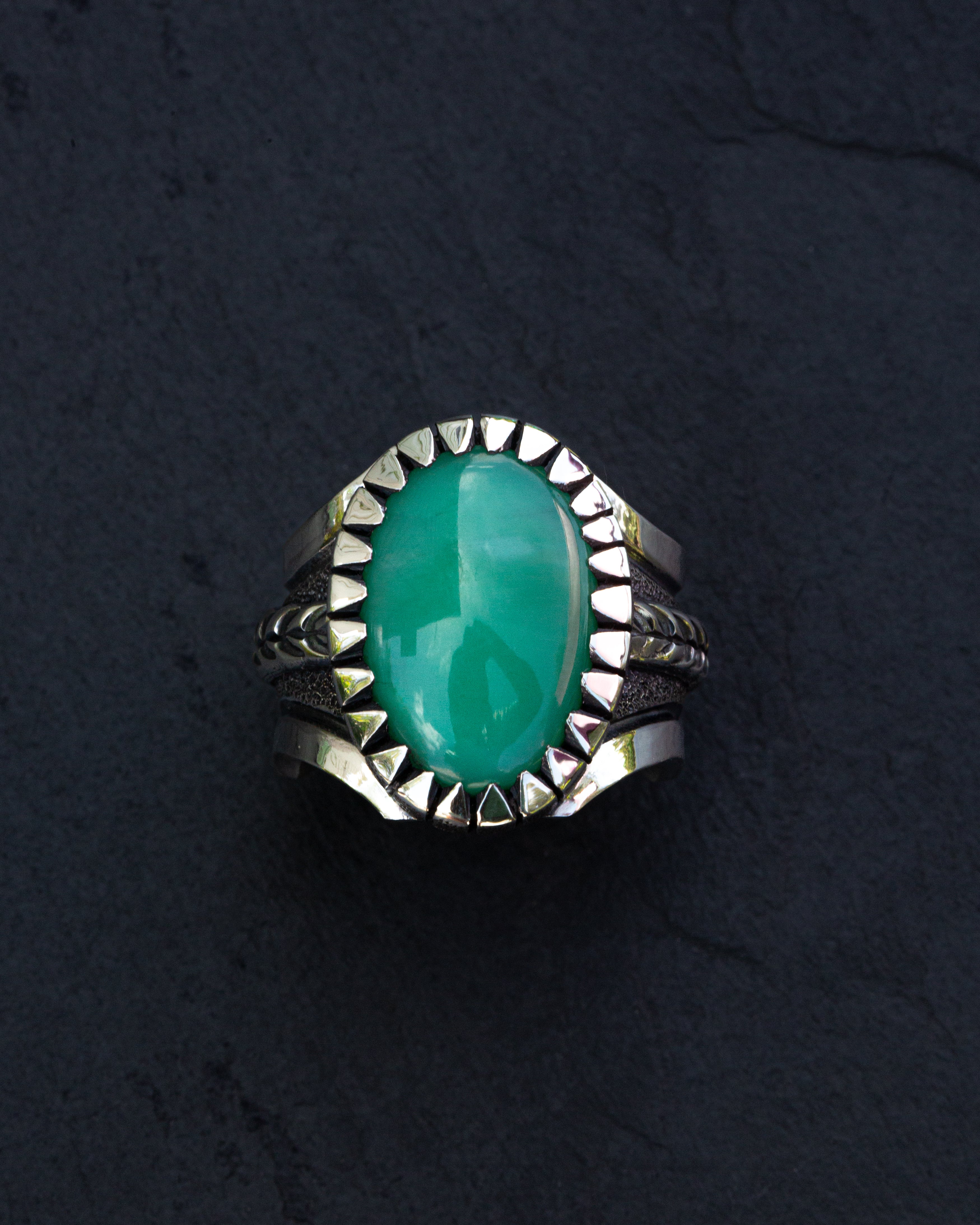 Heavy Duty Size 10 Natural Chrysoprase Ring With Picket Style Castellated Bezel