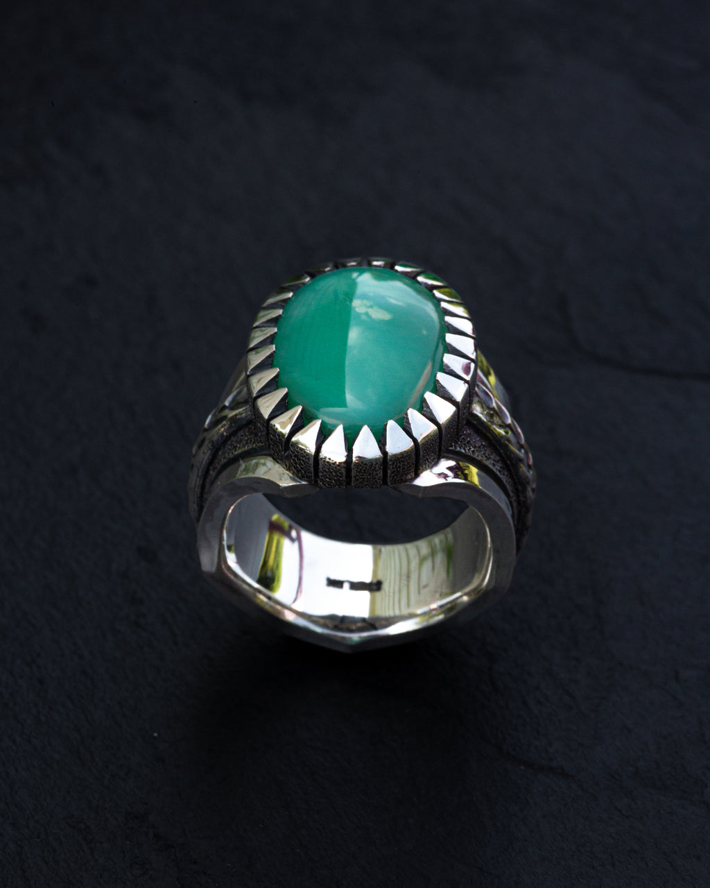 Heavy Duty Size 10 Natural Chrysoprase Ring With Picket Style Castellated Bezel