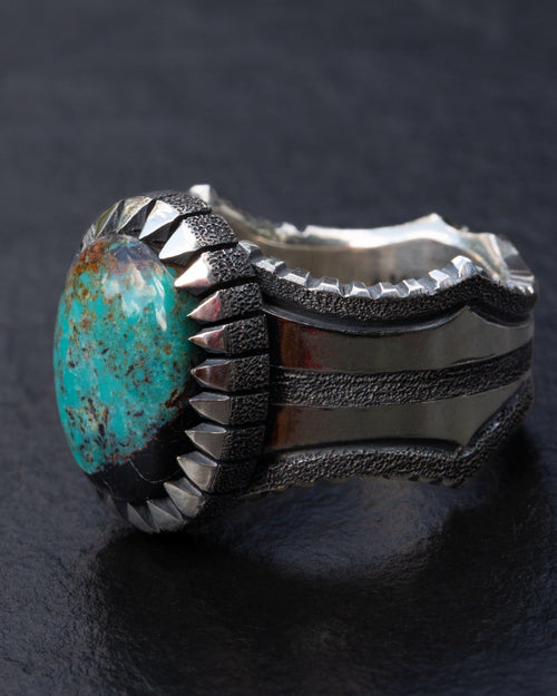 Heavy Duty Size 12.5 Blackjack Turquoise Ring with Coin Edge and Picket Style Castellated Bezel
