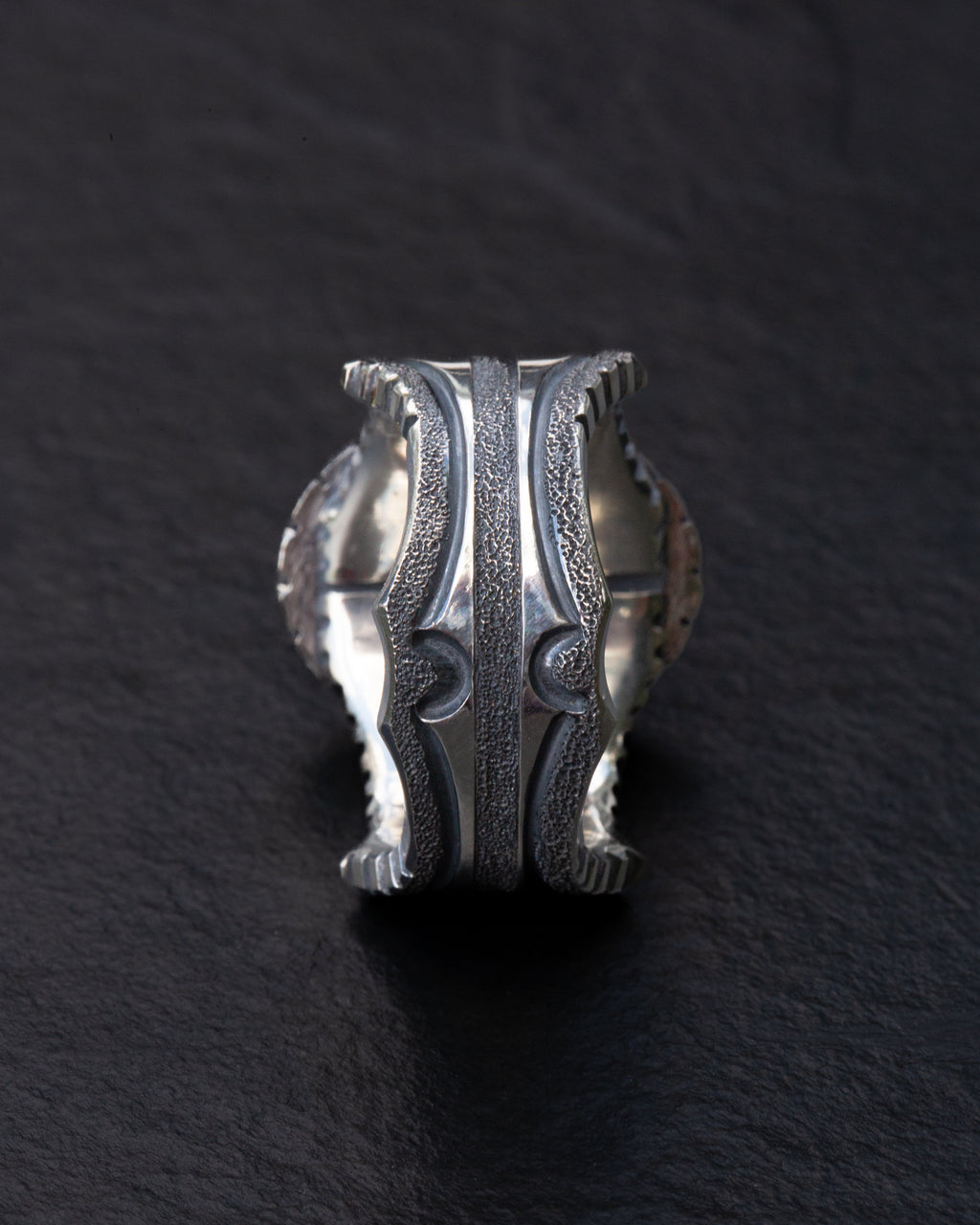 Heavy Duty Size 12.5 Blackjack Turquoise Ring with Coin Edge and Picket Style Castellated Bezel