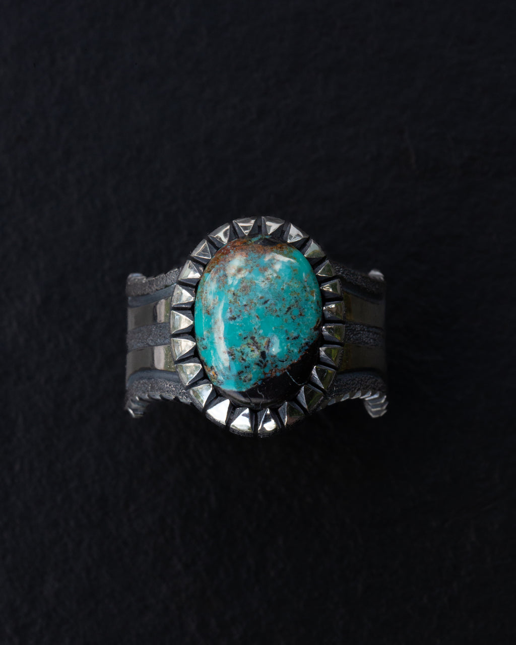 Heavy Duty Size 12.5 Blackjack Turquoise Ring with Coin Edge and Picket Style Castellated Bezel