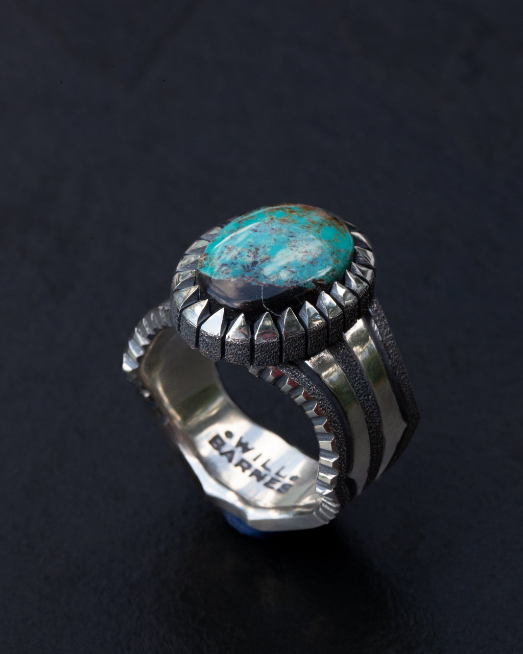 Heavy Duty Size 12.5 Blackjack Turquoise Ring with Coin Edge and Picket Style Castellated Bezel
