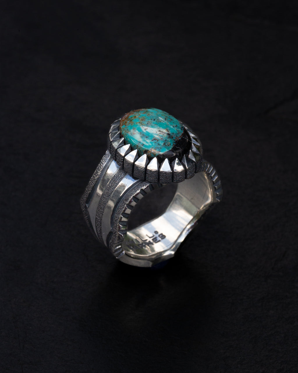 Heavy Duty Size 12.5 Blackjack Turquoise Ring with Coin Edge and Picket Style Castellated Bezel
