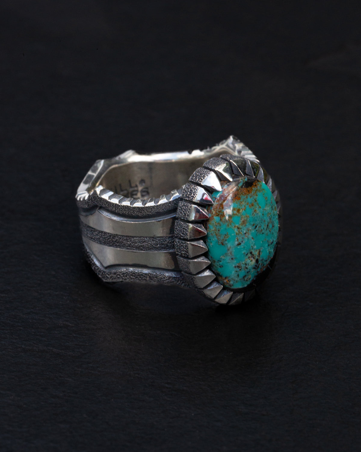 Heavy Duty Size 12.5 Blackjack Turquoise Ring with Coin Edge and Picket Style Castellated Bezel