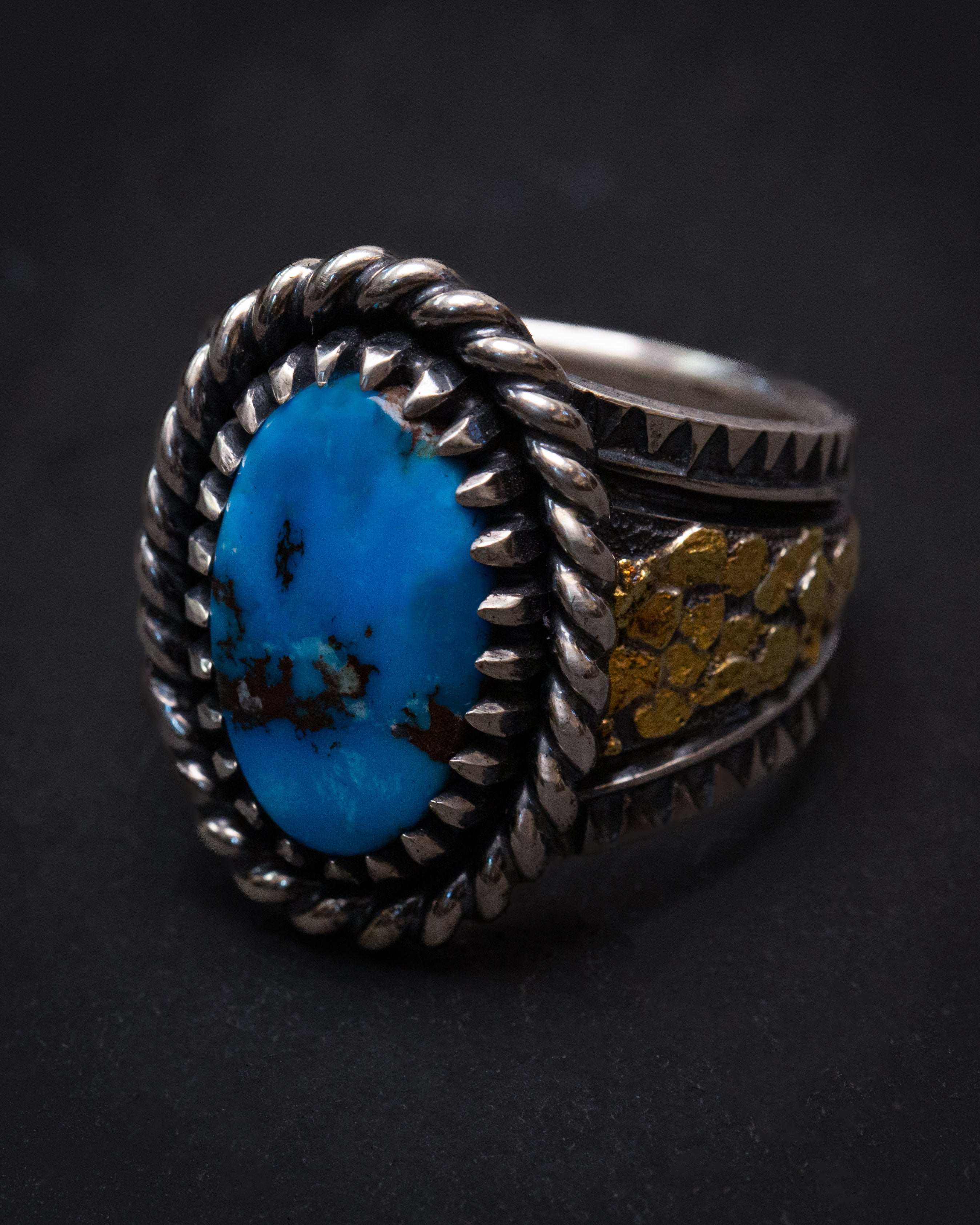 Size 15 1/4 Egyptian Turquoise Placer Gold Nugget & Stamped Sterling Silver Ring with Claw Castellated Bezel