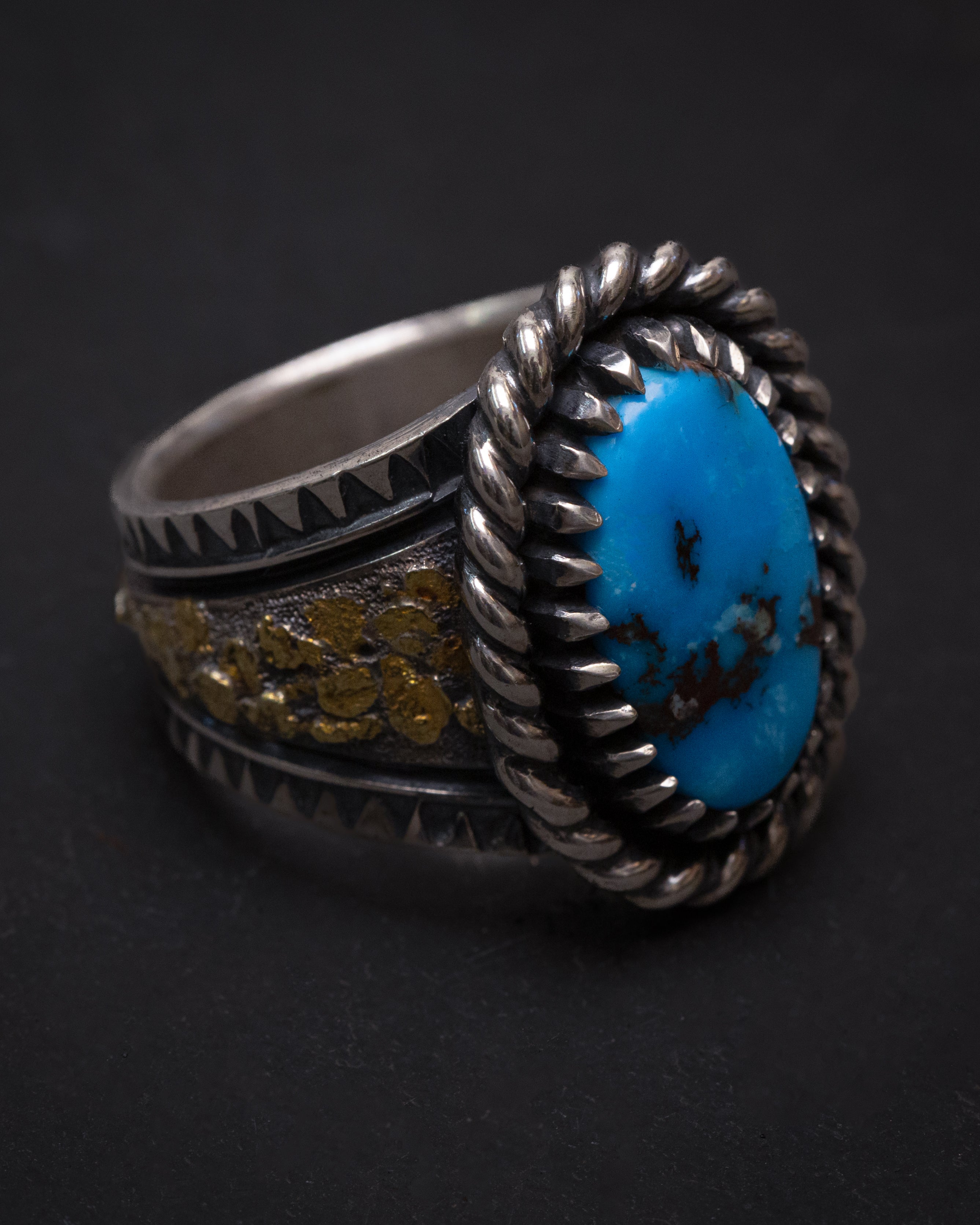 Size 15 1/4 Egyptian Turquoise Placer Gold Nugget & Stamped Sterling Silver Ring with Claw Castellated Bezel