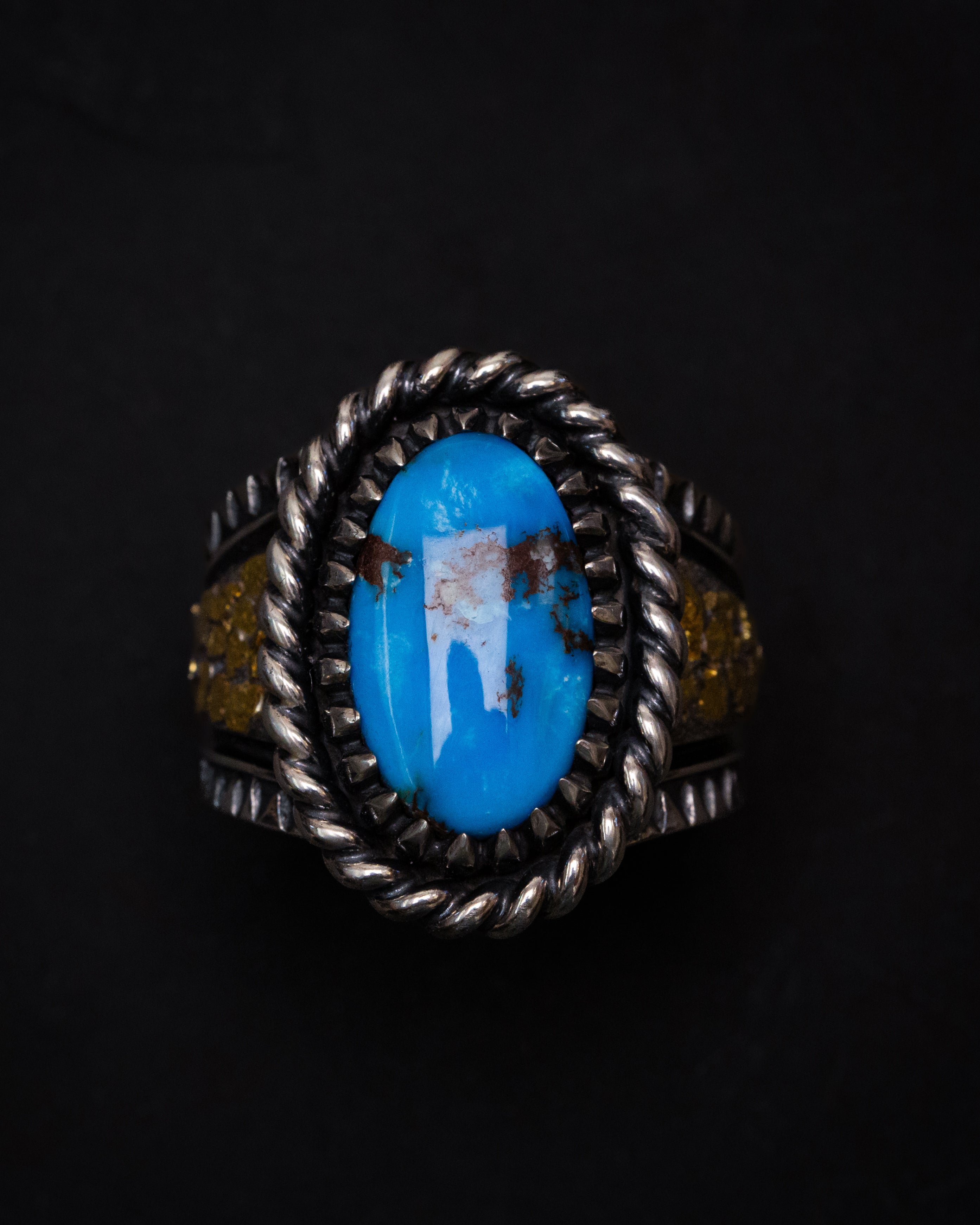 Size 15 1/4 Egyptian Turquoise Placer Gold Nugget & Stamped Sterling Silver Ring with Claw Castellated Bezel