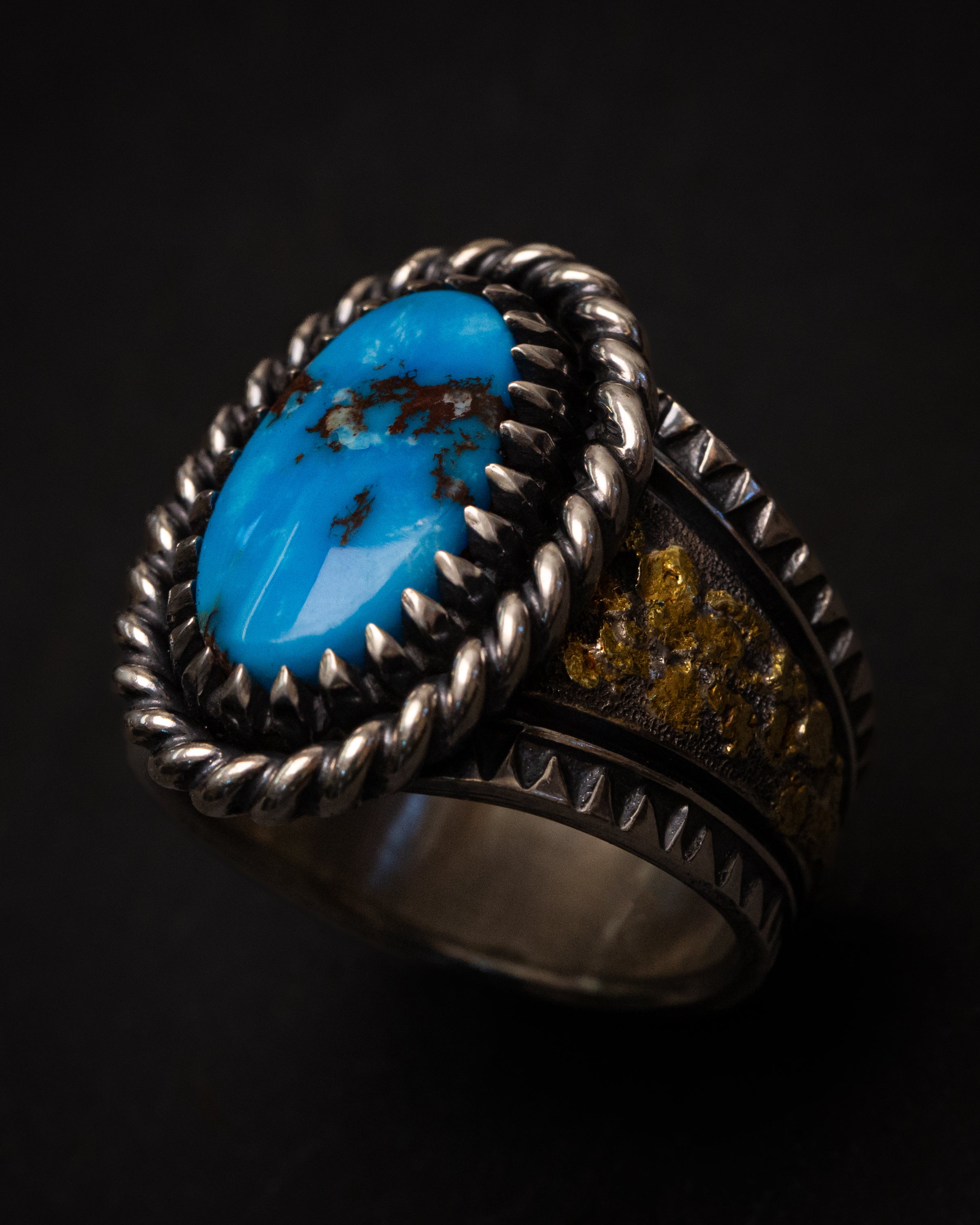 Size 15 1/4 Egyptian Turquoise Placer Gold Nugget & Stamped Sterling Silver Ring with Claw Castellated Bezel