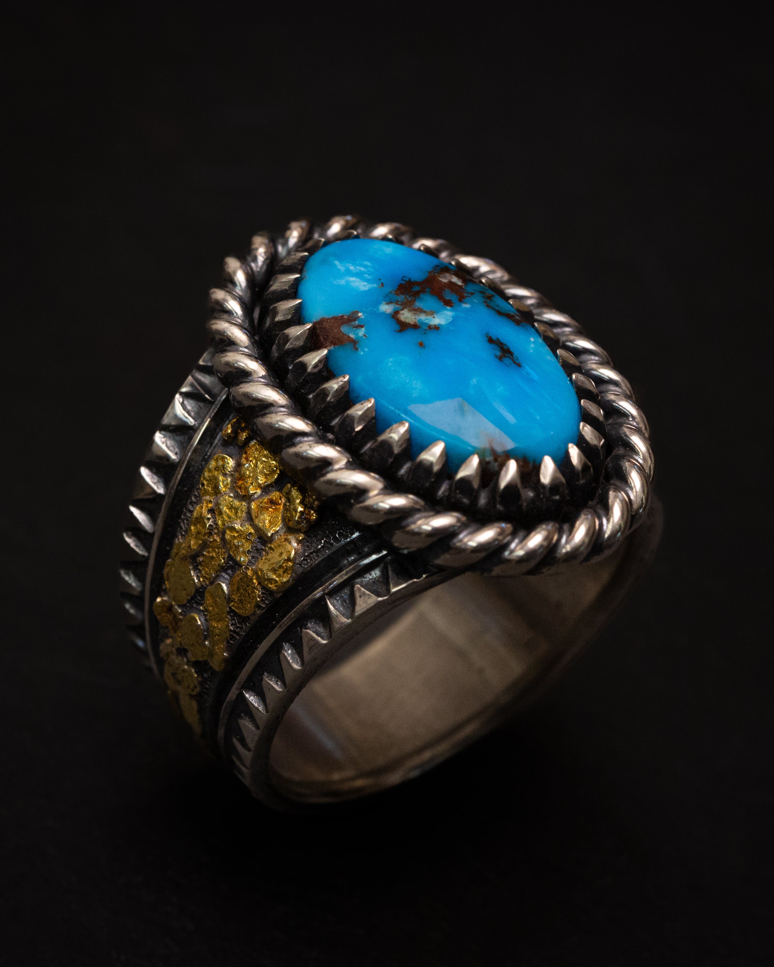 Size 15 1/4 Egyptian Turquoise Placer Gold Nugget & Stamped Sterling Silver Ring with Claw Castellated Bezel