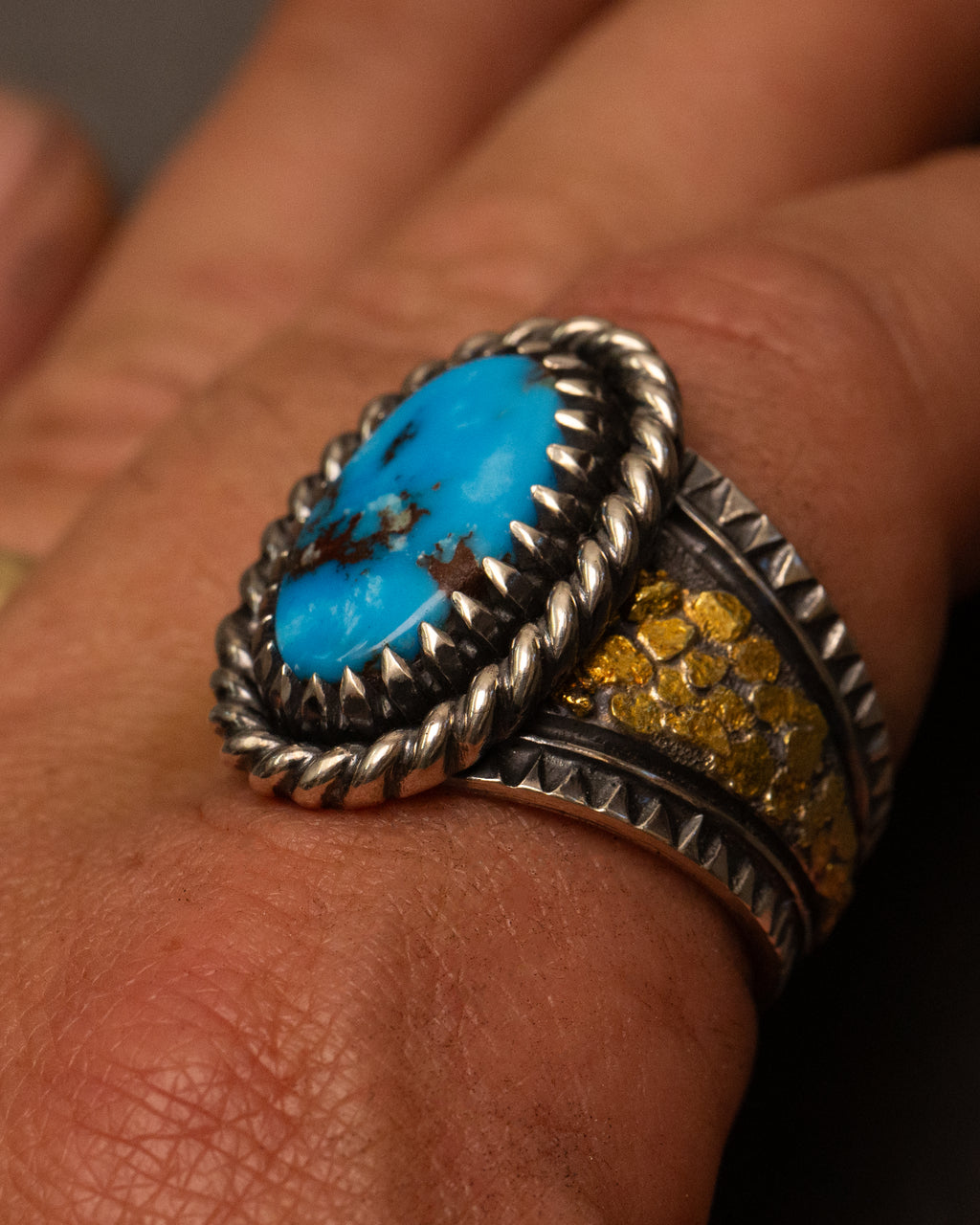 Size 15 1/4 Egyptian Turquoise Placer Gold Nugget & Stamped Sterling Silver Ring with Claw Castellated Bezel