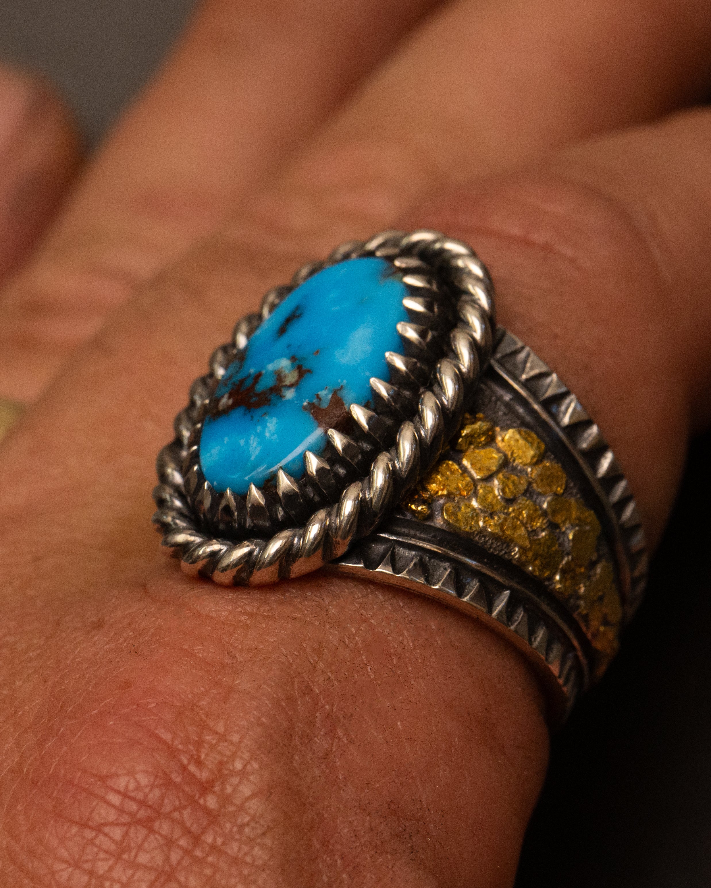 Size 15 1/4 Egyptian Turquoise Placer Gold Nugget & Stamped Sterling Silver Ring with Claw Castellated Bezel