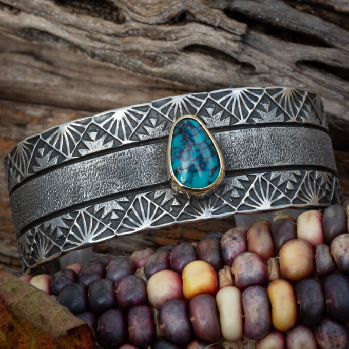 Size 7 1/2 Heavy Stamped Natural High Grade Black Web Lone Mountain Turquoise Sterling Silver Cuff With 14ky Gold Bezel