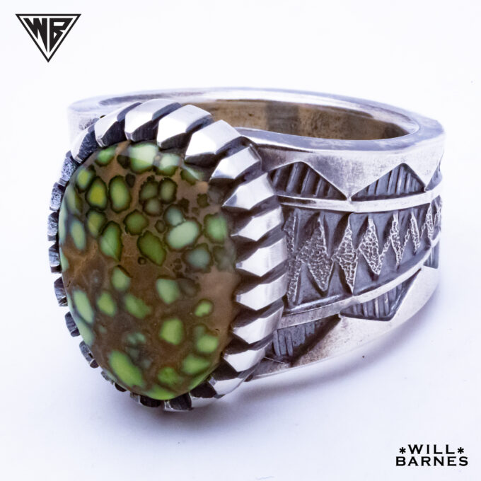 Size 13 Natural Damele Turquoise Pattern Stamped and Textured Heavy Sterling Silver Ring