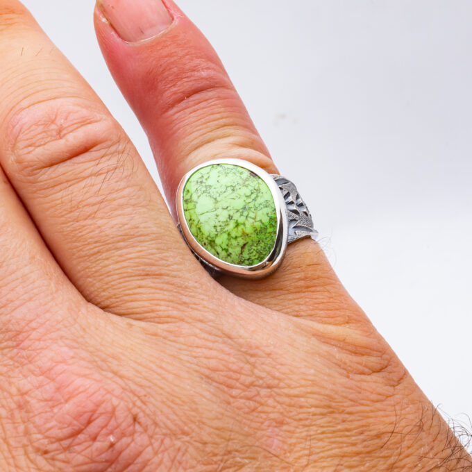 Size 8 1/4 Stamped and Textured High Grade Natural Gaspeite Sterling Silver Ring