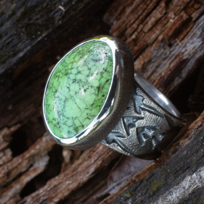 Size 8 1/4 Stamped and Textured High Grade Natural Gaspeite Sterling Silver Ring