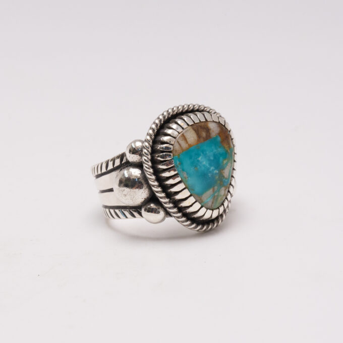 Size 12 Natural Royston Turquoise Chased and Chiseled Sterling Silver Ring