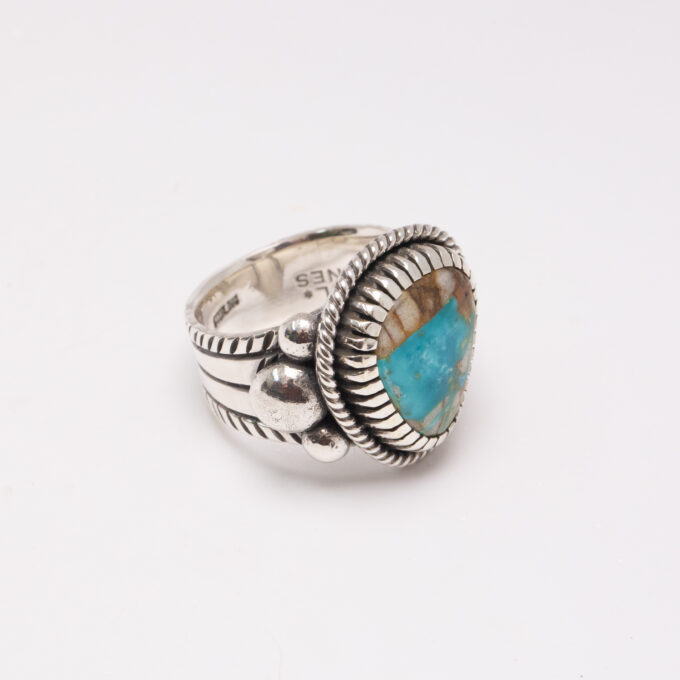 Size 12 Natural Royston Turquoise Chased and Chiseled Sterling Silver Ring