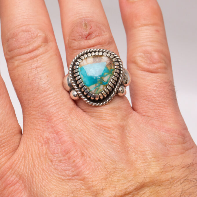 Size 12 Natural Royston Turquoise Chased and Chiseled Sterling Silver Ring