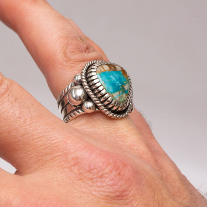 Size 12 Natural Royston Turquoise Chased and Chiseled Sterling Silver Ring