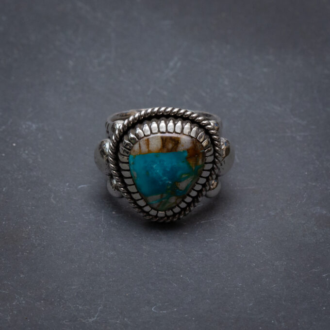 Size 12 Natural Royston Turquoise Chased and Chiseled Sterling Silver Ring