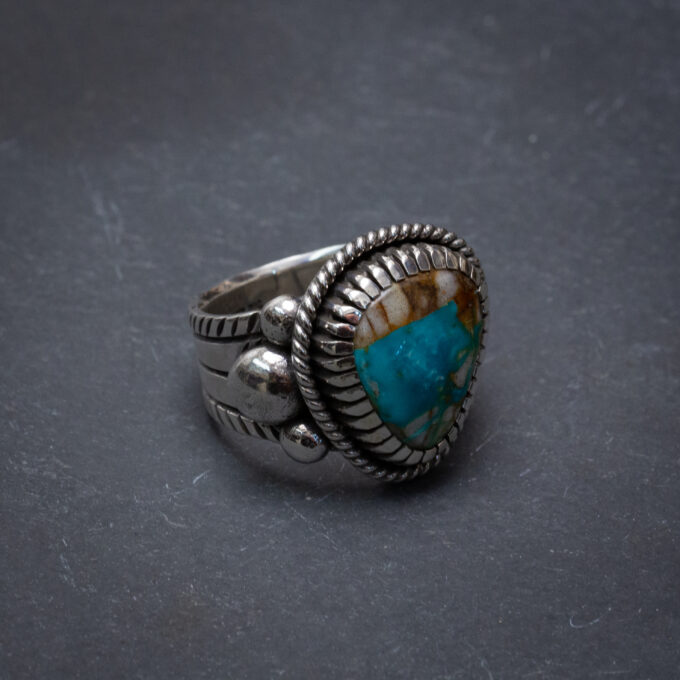 Size 12 Natural Royston Turquoise Chased and Chiseled Sterling Silver Ring