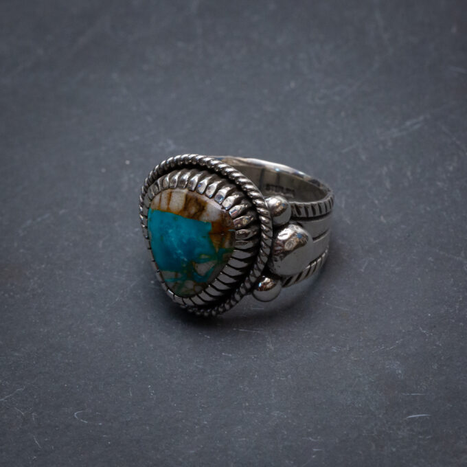 Size 12 Natural Royston Turquoise Chased and Chiseled Sterling Silver Ring