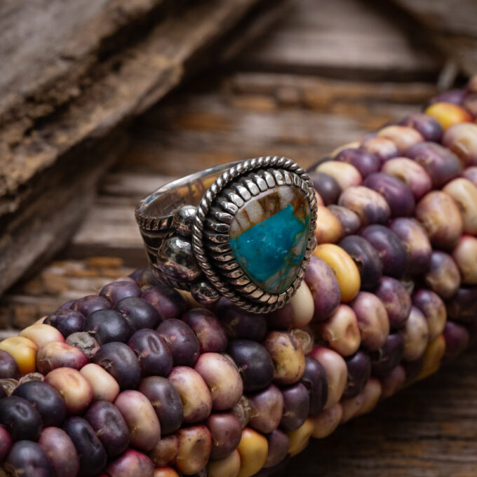 Size 12 Natural Royston Turquoise Chased and Chiseled Sterling Silver Ring