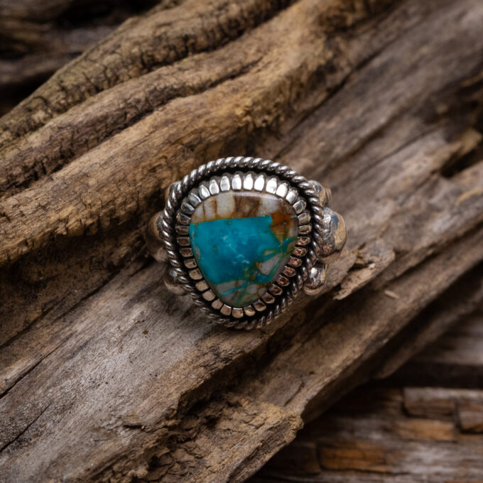 Size 12 Natural Royston Turquoise Chased and Chiseled Sterling Silver Ring