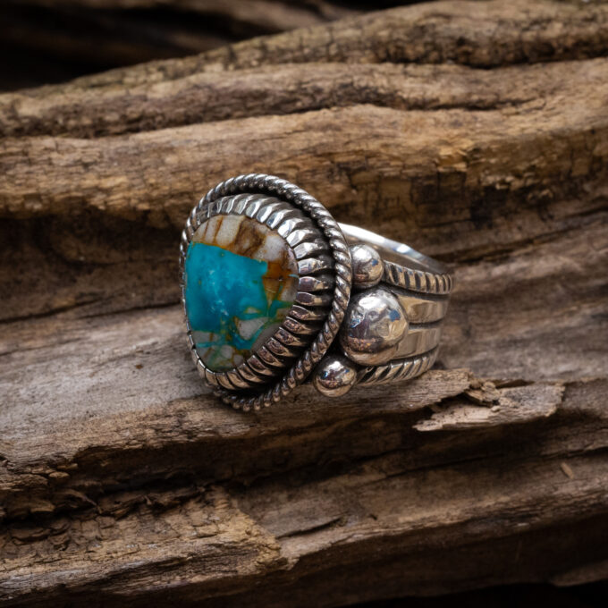 Size 12 Natural Royston Turquoise Chased and Chiseled Sterling Silver Ring